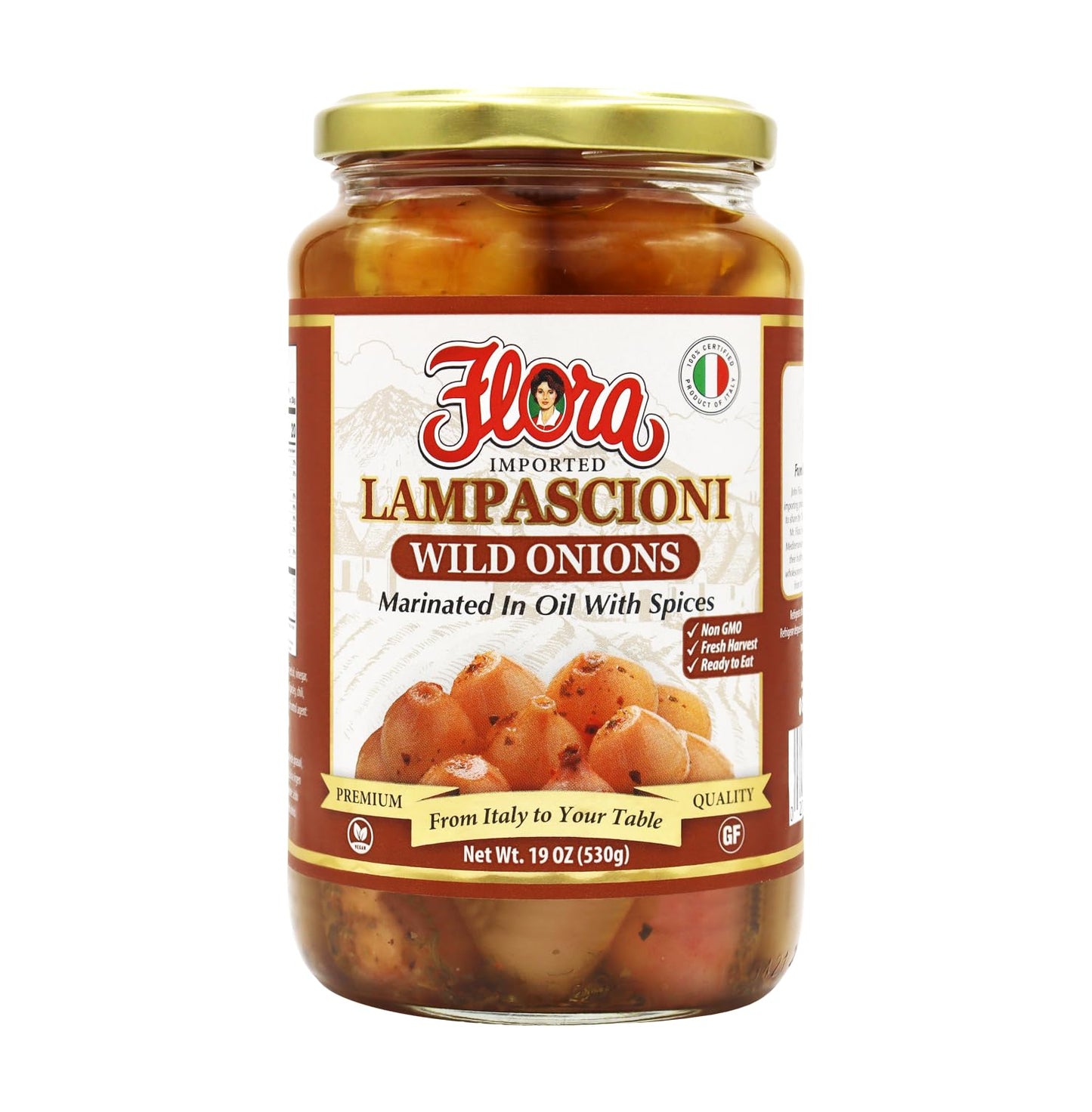 Flora Lampascioni Wild Onions - Authentic Southern Italian Wild Onions Marinated in Oil & Spices - Non-GMO - 19 oz (530g)