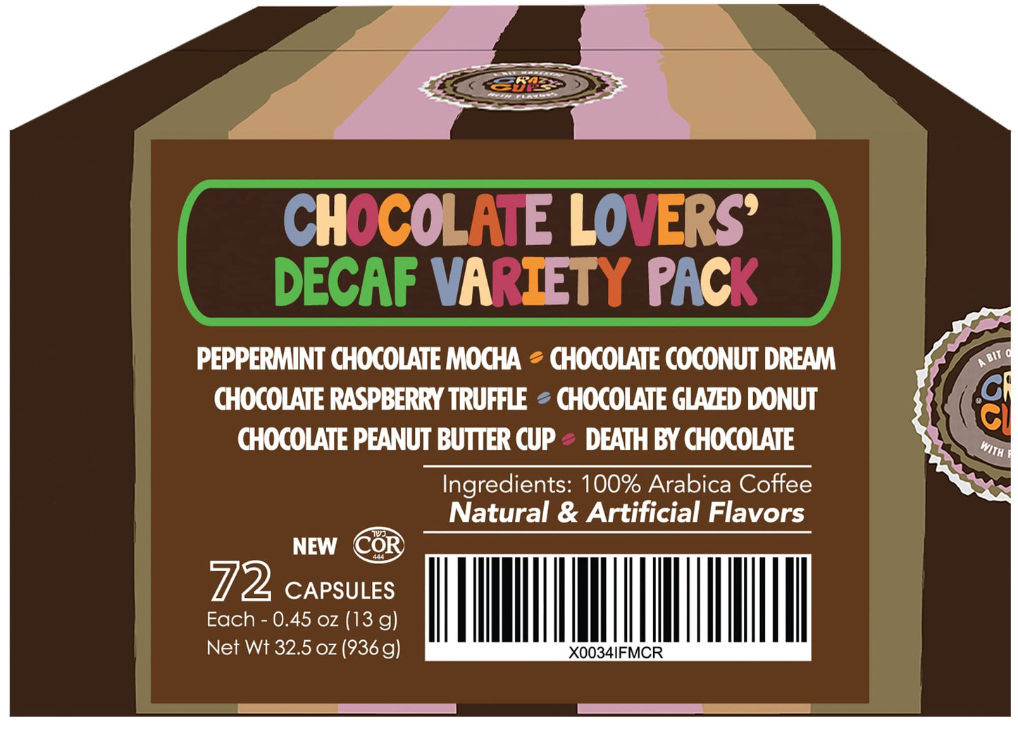 Crazy Cups Decaf Chocolate Coffee Pods Variety Pack, 72 Count, Includes Death By Chocolate, Chocolate Raspberry, Peppermint Mocha