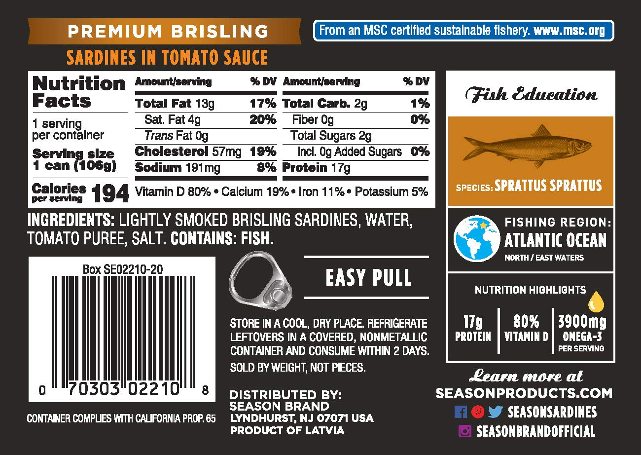 Season Brisling Sardines In Tomato Sauce - Wild Caught, 17G Of Protein, Keto Snacks, More Omega 3'S Than Tuna, Kosher, High In C
