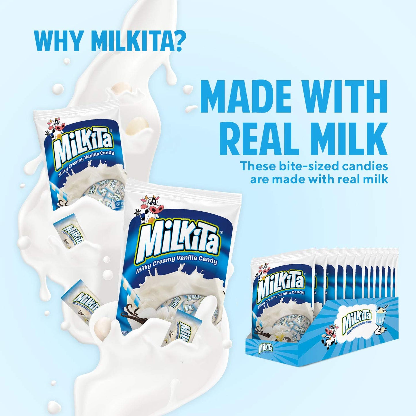 Milkita Creamy Shake Candy Bag, Gluten Free Chewy Candies With Calcium & Real Milk, Zero Trans Fat, Low-Sugar, Vanilla Flavor, 30 Pcs
