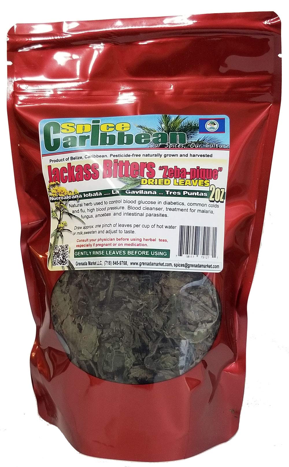Jackass Bitters Dried Leaves Ak Zeb-A-Pique, Tres Puntas, La Gavilana (Neurolaena Lobata) 2Oz Product Of Belize.