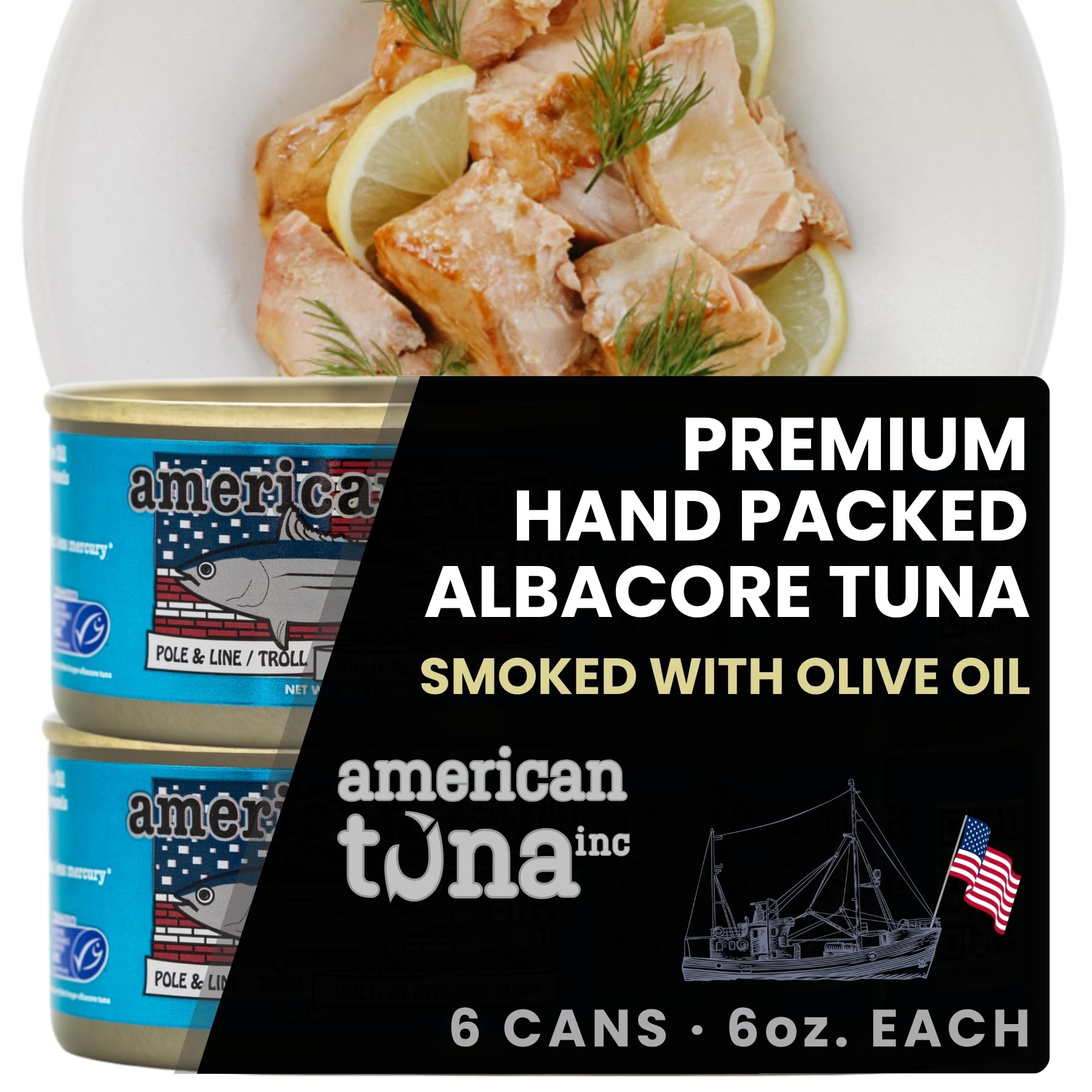 American Tuna Sushi-Grade Wild Albacore Tuna - Brick Smoked with Olive Oil, 6 oz Cans, Sustainably Harvested, Dolphin Safe