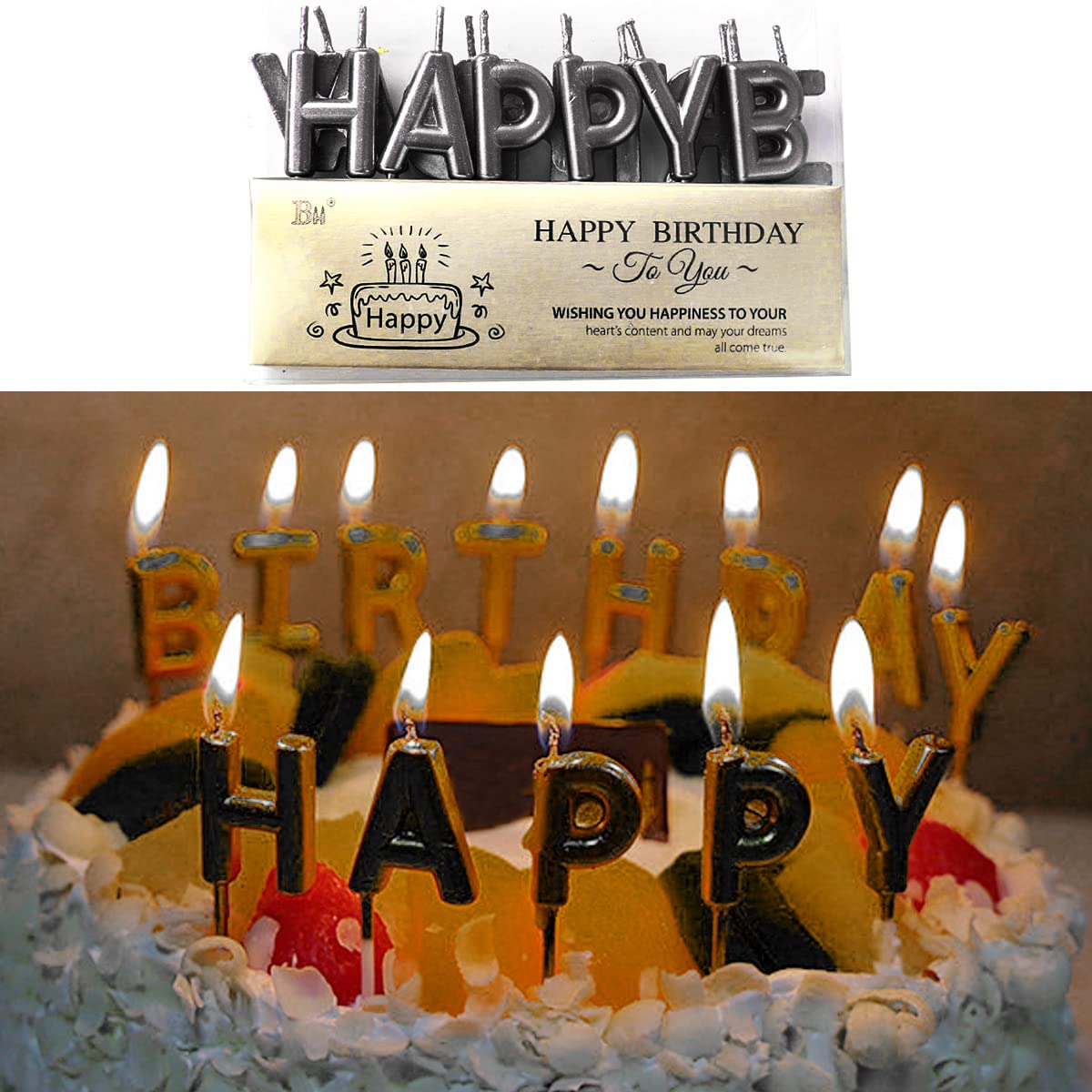 Iealods Black Cake Topper Decoration With Happy Birthday Candles, Acrylic Birthday Cake Topper, Confetti Balloon And Paper Fans