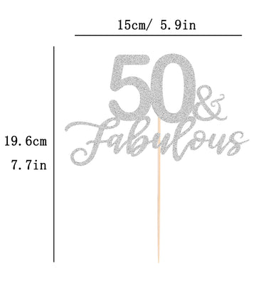 AHAORAY 50 Fabulous Cake Topper, Premium Silver Glitter Cardboard Cake Decoration for 50th Happy Birthday Party - Fifty and Fabu