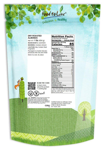 Food To Live Dry Roasted California Almonds, 1 Pound Oven Roasted Whole Nuts, Unsalted, No Oil Added, Vegan, Kosher, Bulk. Good Source Of Protein And Vitamin E. Great Keto-Friendly Snack, Made In Usa