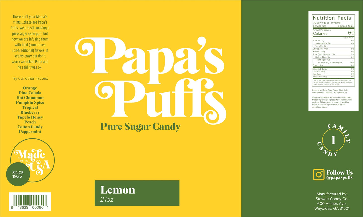 Papa'S Puffs Lemon Flavored Pure Sugar Candy - Individually Wrapped In Resealable Tub - Fat-Free, Gluten-Free, Cholesterol-Free