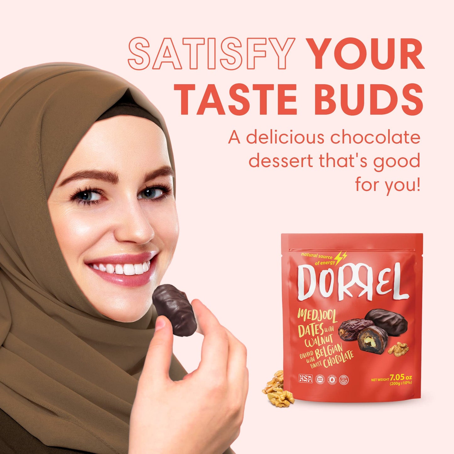Dorrel - Belgian Dark Chocolate Covered Dates (Medjool) With Walnuts Stuffing, High Energy Vegan Choco Snack, Delicious, Kosher