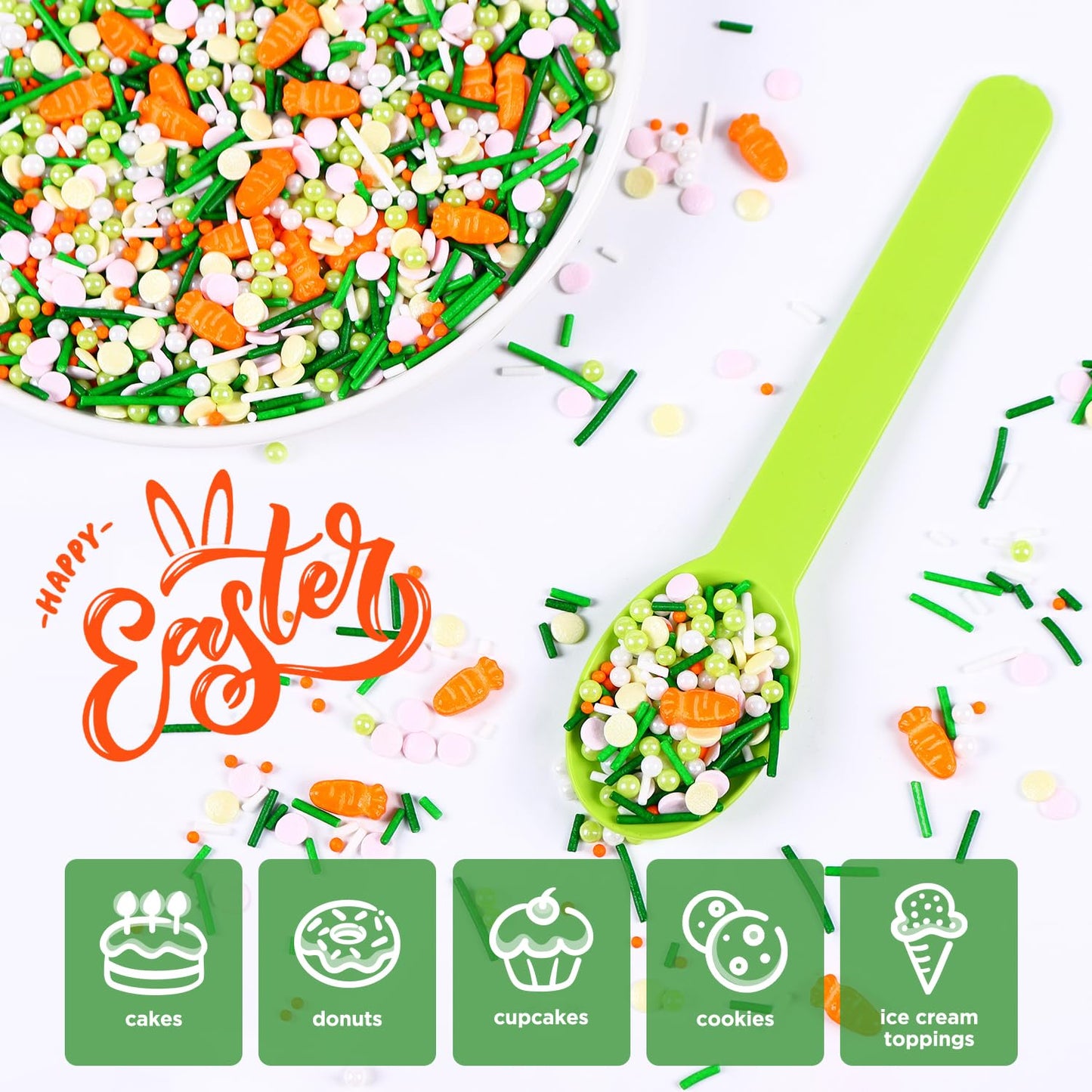 Edible Easter Sprinkles For Cake Decorating, Edible Carrot Sprinkles, Round Sprinkles, And Jimmy Spring Sprinkles For Easter Car
