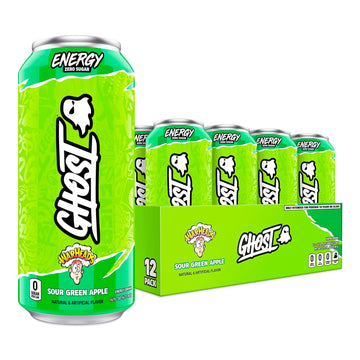 GHOST Energy Drink - 12-Pack, Warheads Sour Green Apple, 16oz, 200mg Natural Caffeine, Gluten-Free, Vegan, Model CM05171-24