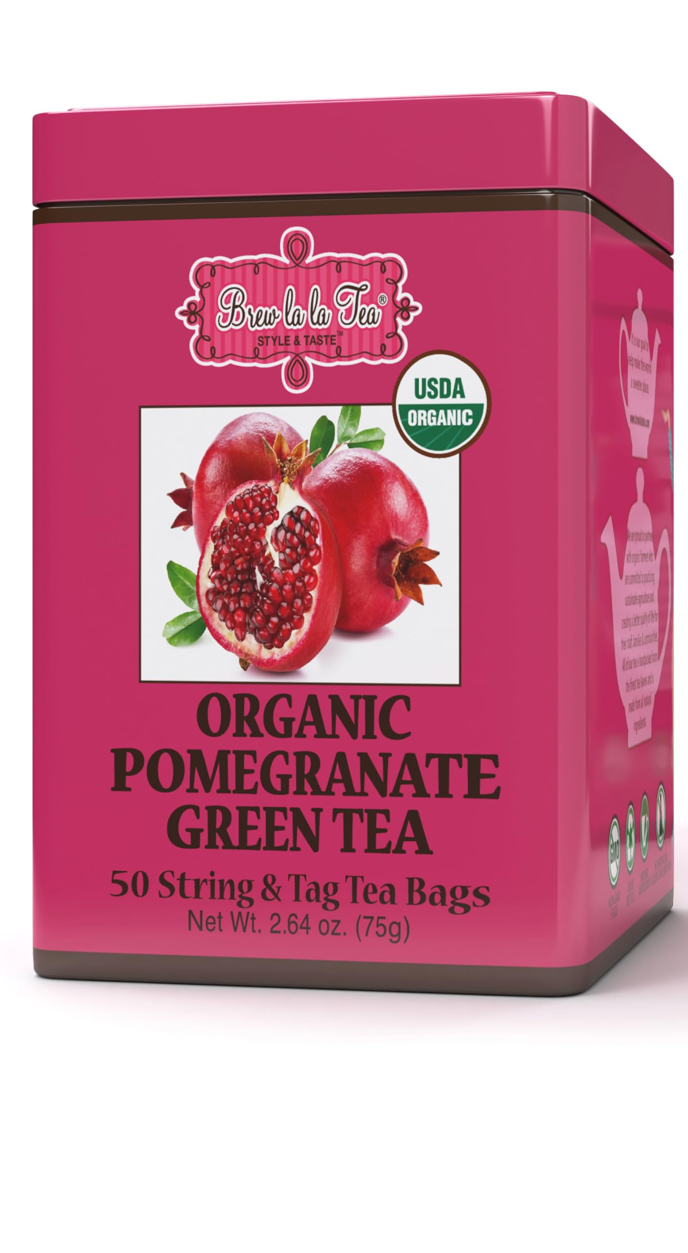 Brew La La Organic Green Tea - Pomegranate Flavor - 50 Tea Bags - Low Caffeine - USDA Certified Organic