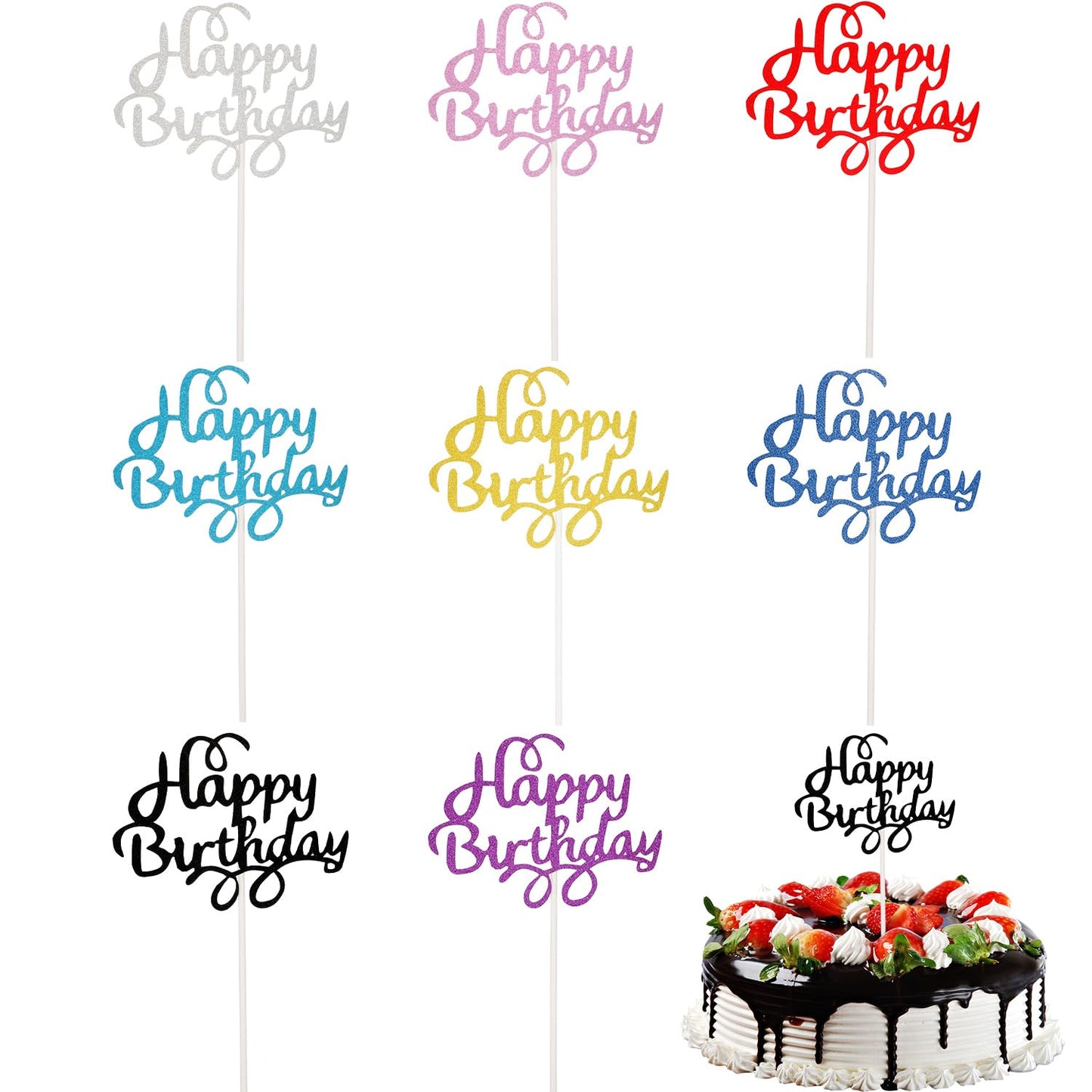 40 Pieces Happy Birthday Cake Toppers Glitter Birthday Cupcake Topper Cake Party Supplies Birthday Decorations For Children Or Adults, 8 Colors (Classic)