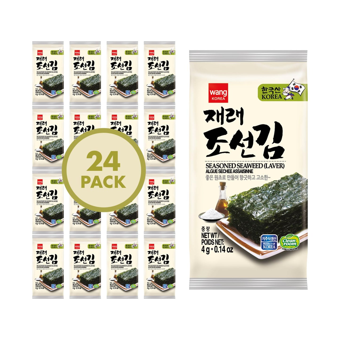 Wang Korean Roasted Seaweed Snack, Vegan, Gluten-Free, Keto-Friendly, 0.14 Ounce, Pack of 24