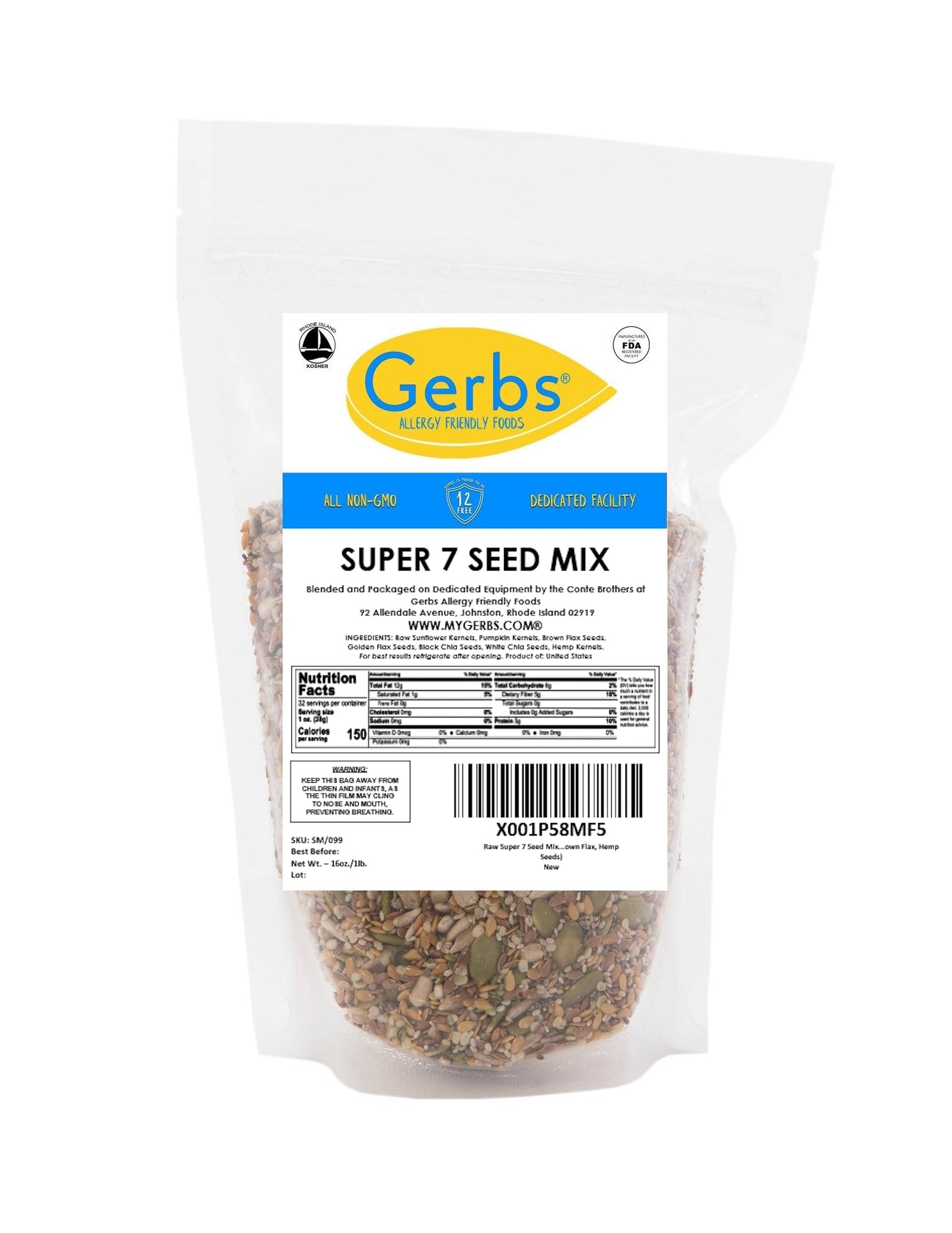 GERBS Raw Super 7 Seed Snack Trail Mix, Gluten Free, 16 Ounce Resealable Bag, Top 14 Allergen Free, Made in USA
