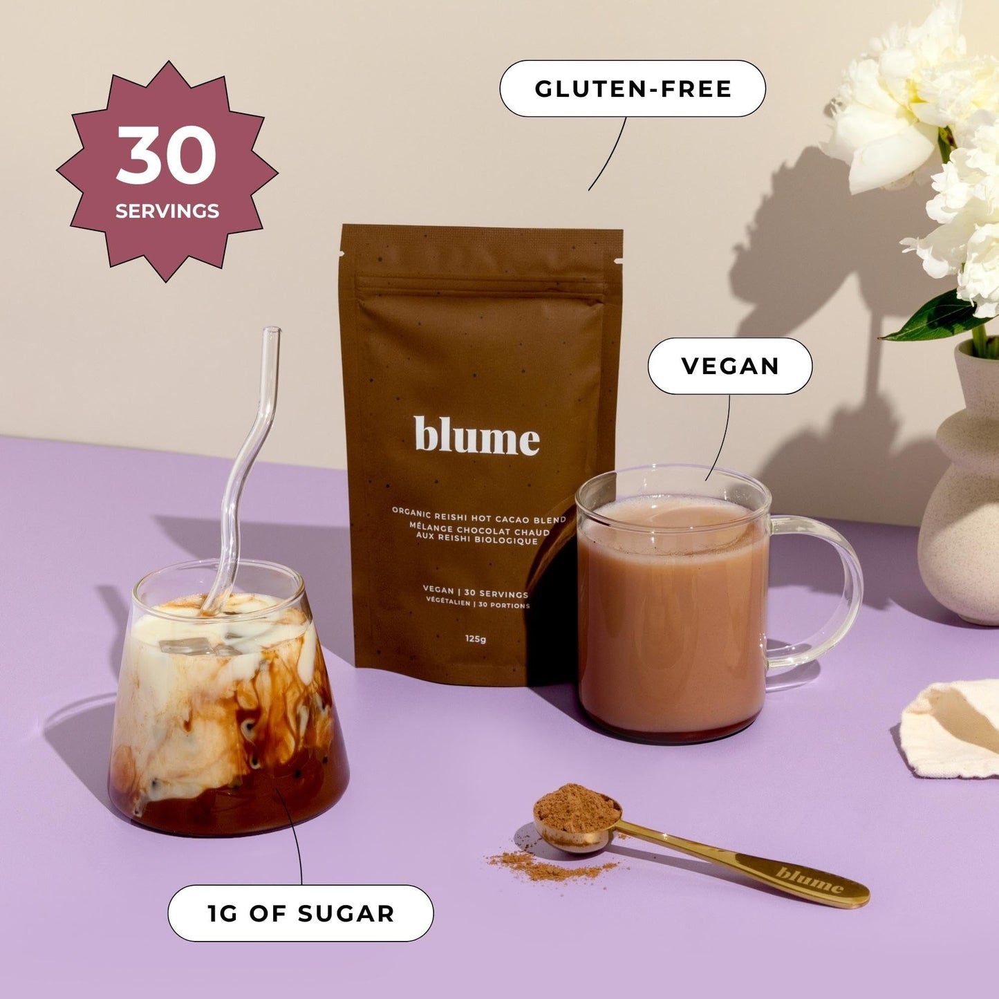 Blume Reishi Hot Cocoa Blend - Stress Soothing Superfoods Mushroom Latte With Brain Boosting Adaptogen Organic Cocao - Organic,