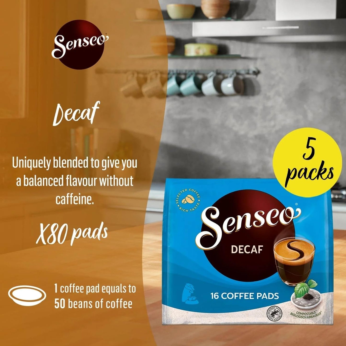 Senseo Decaf Coffee Pods, Single Serve Coffee Pods Bulk Pack, 16 Count (Pack of 5), Compostable for Hot/Iced Coffee, Model 4051959