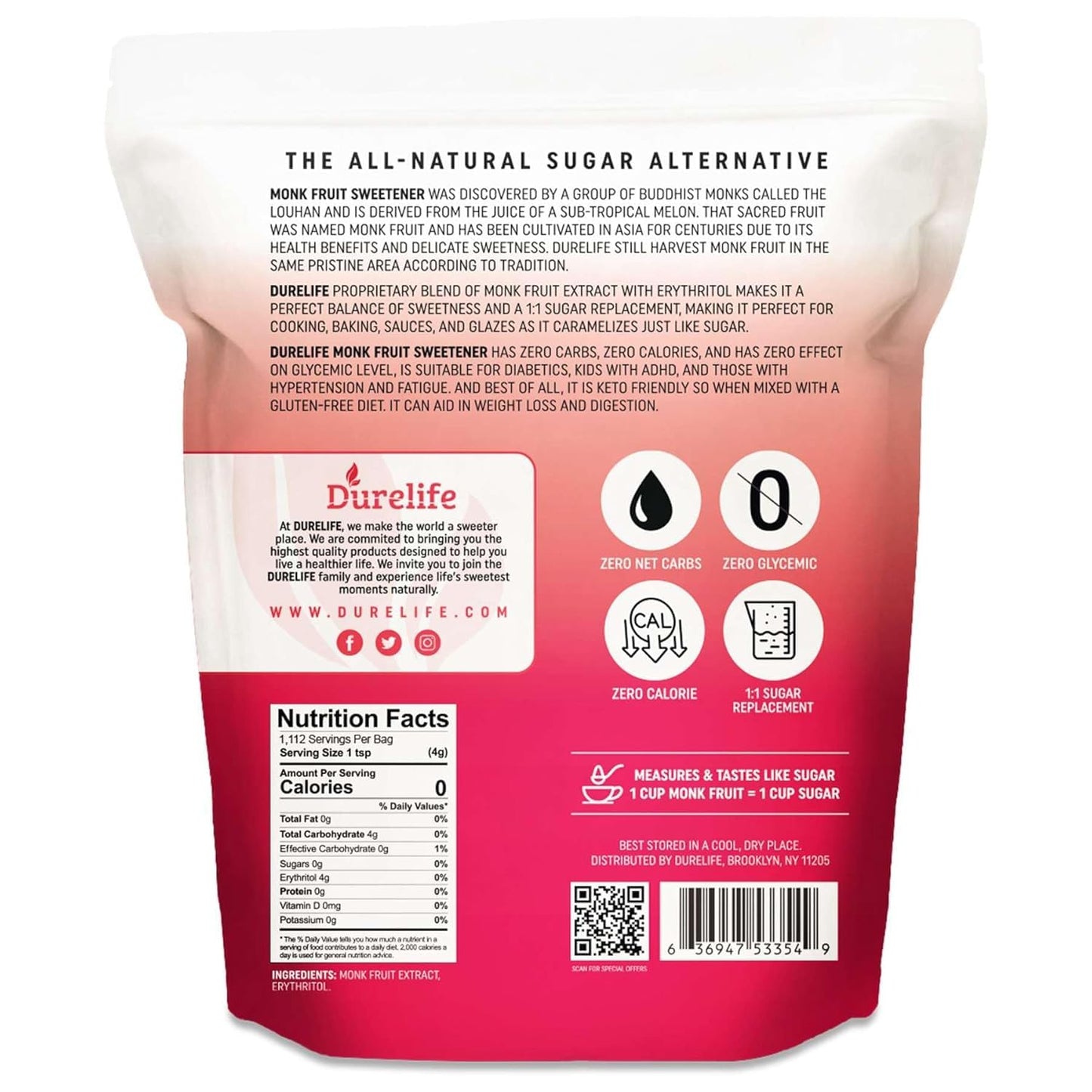 Durelife Golden Monk Fruit Sweetener, 1:1 Sugar Replacement, Keto Diet Friendly, Zero Calorie, Kosher Sugar Substitute Crystal,