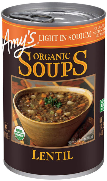 Amys Soup, Vegan Lentil Soup, Light in Sodium, Gluten Free, Made With Organic Green Lentils and Vegetables, Canned Soup, 14.5 Oz