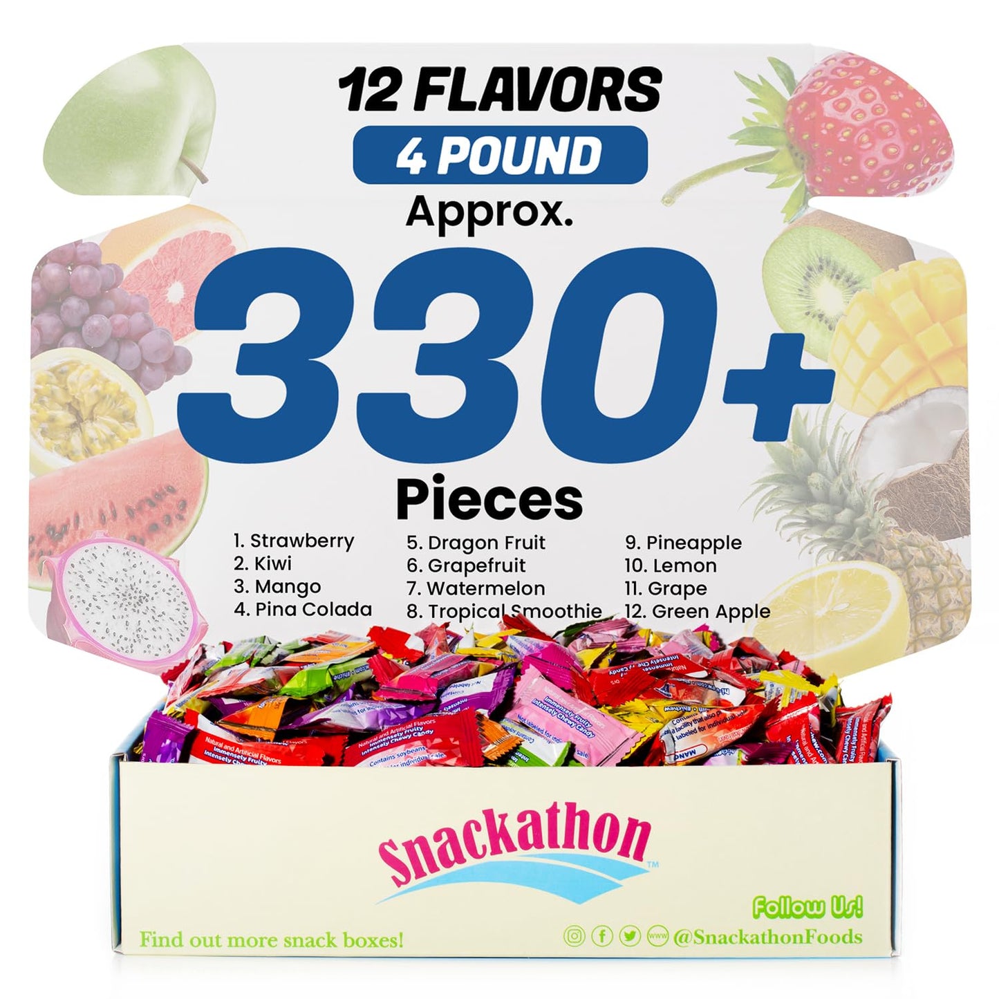 Fruit Chew 12 Flavors, Bulk 330+ Pieces, 4 Pound (Strawberry, Mango, Green Apple, Grape, Pineapple, Kiwi, Dragon Fruit, Grapefru