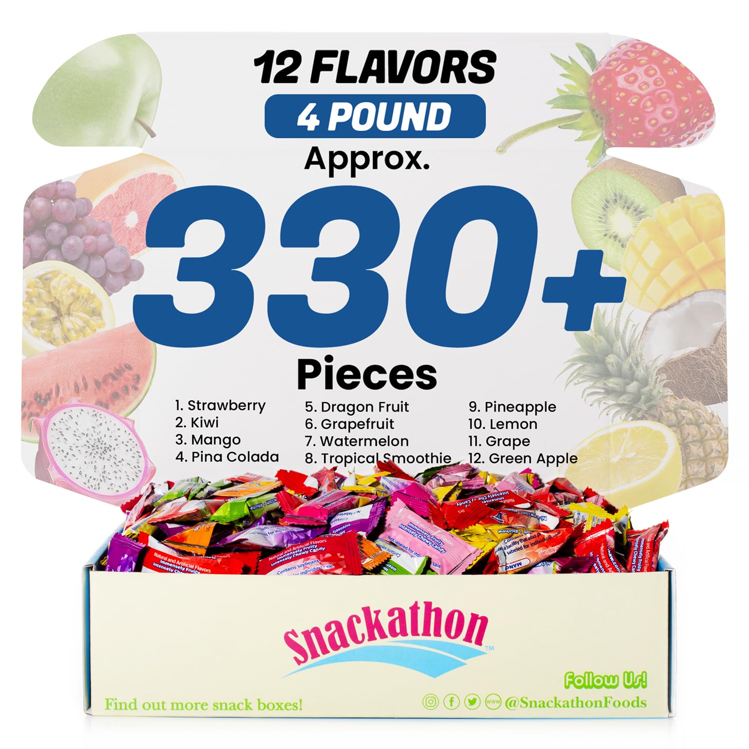 Fruit Chew 12 Flavors, Bulk 330+ Pieces, 4 Pound (Strawberry, Mango, Green Apple, Grape, Pineapple, Kiwi, Dragon Fruit, Grapefru