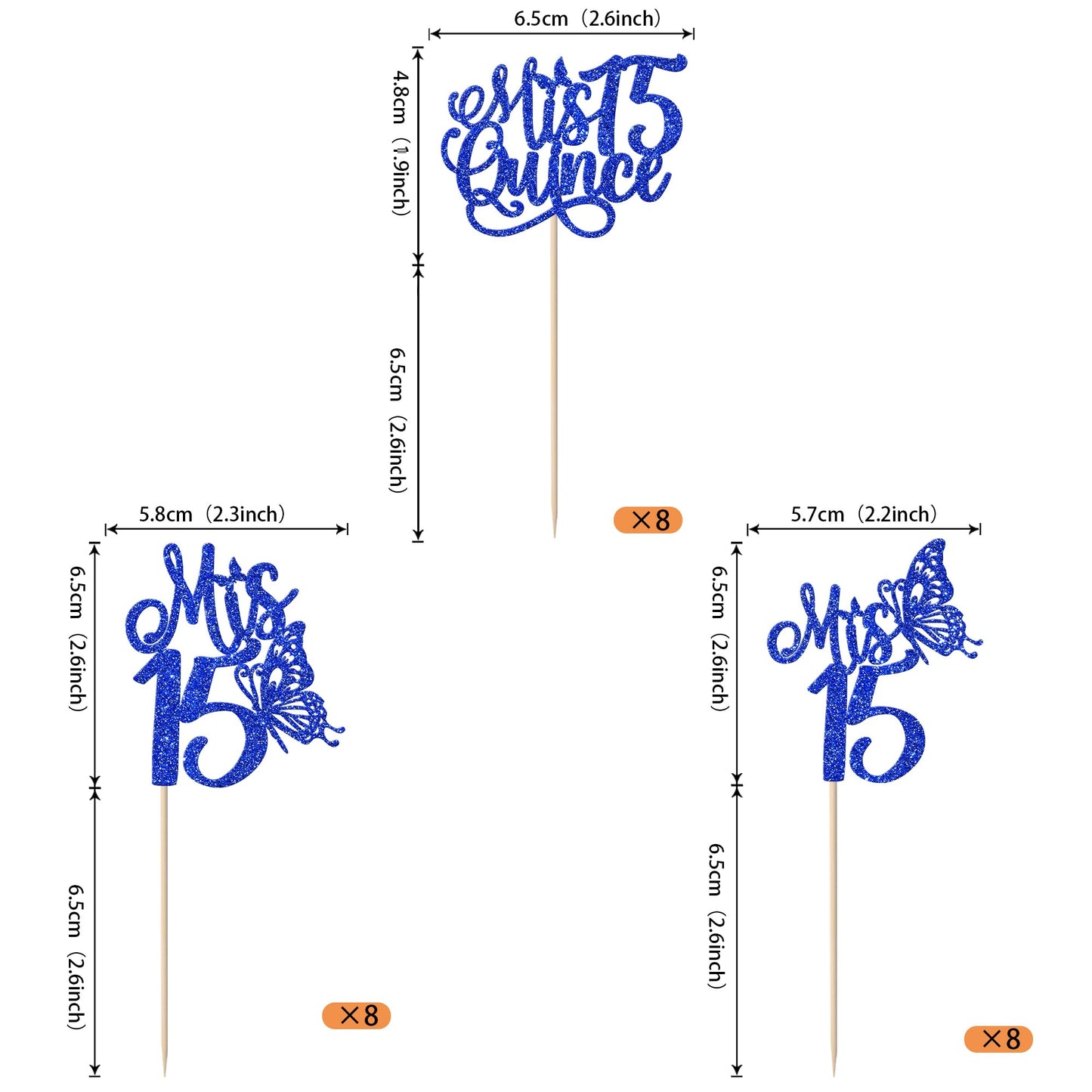 Rssta i Cupcake Toppers 24 Pack for 15th Birthday, Deep Blue Design
