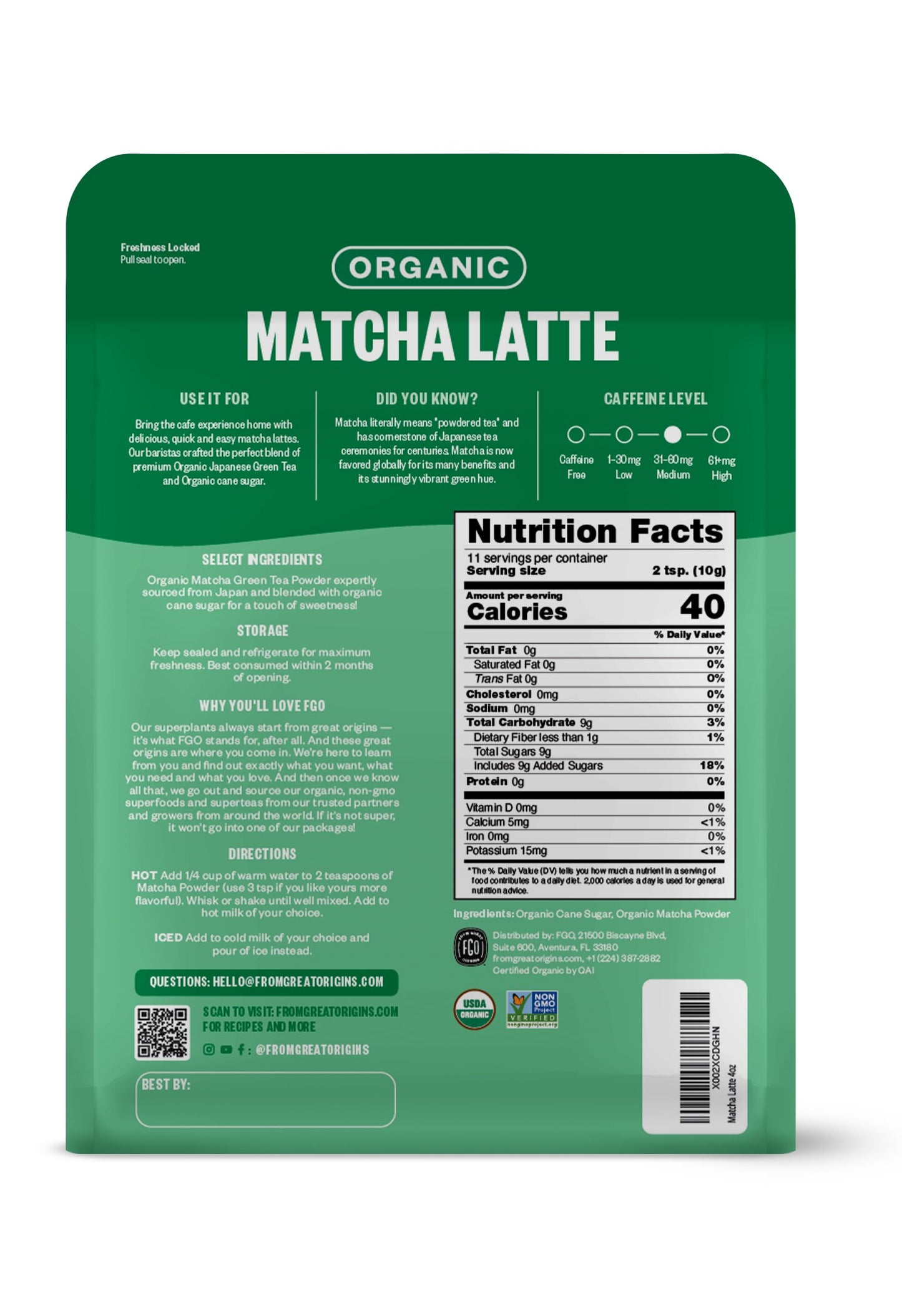 Fgo Organic Matcha Latte Powder, 4 Ounce Resealable Bag, Japanese Matcha With Organic Cane Sugar, Lightly Sweetened, Packaging M
