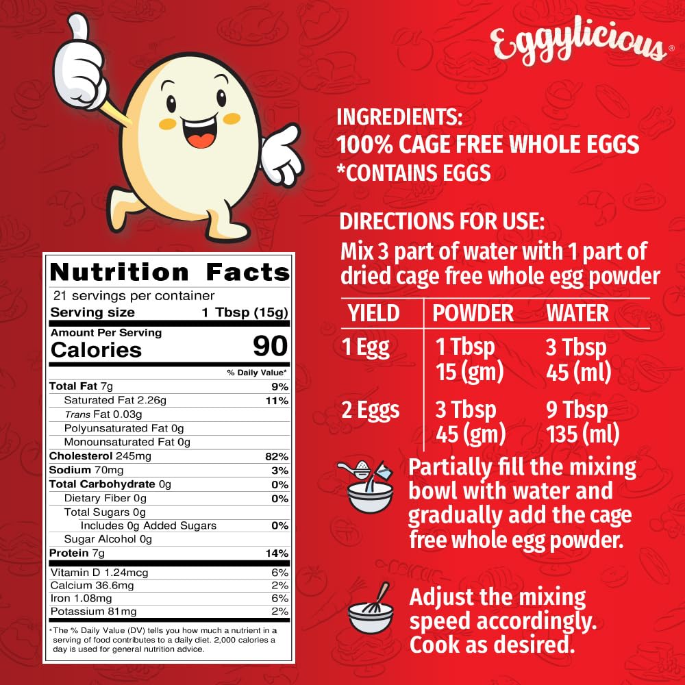 Eggylicious Cage-Free Whole Egg Powder, 11 oz | Made in USA, Non-Bioengineered, Perfect for Scrambled Eggs, Cakes, Pasta, Custard