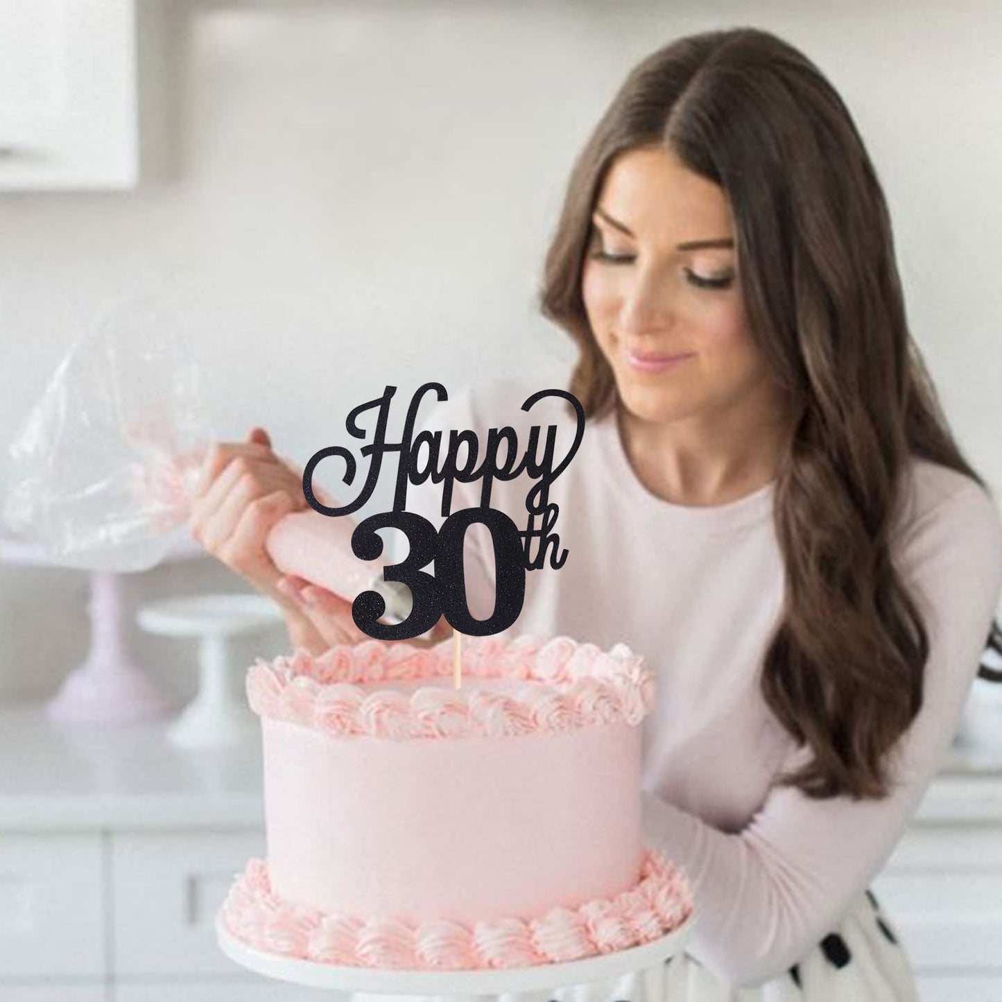 YCTHUNFISH 30th Birthday Cake Topper Black Glitter Paper Decoration Small