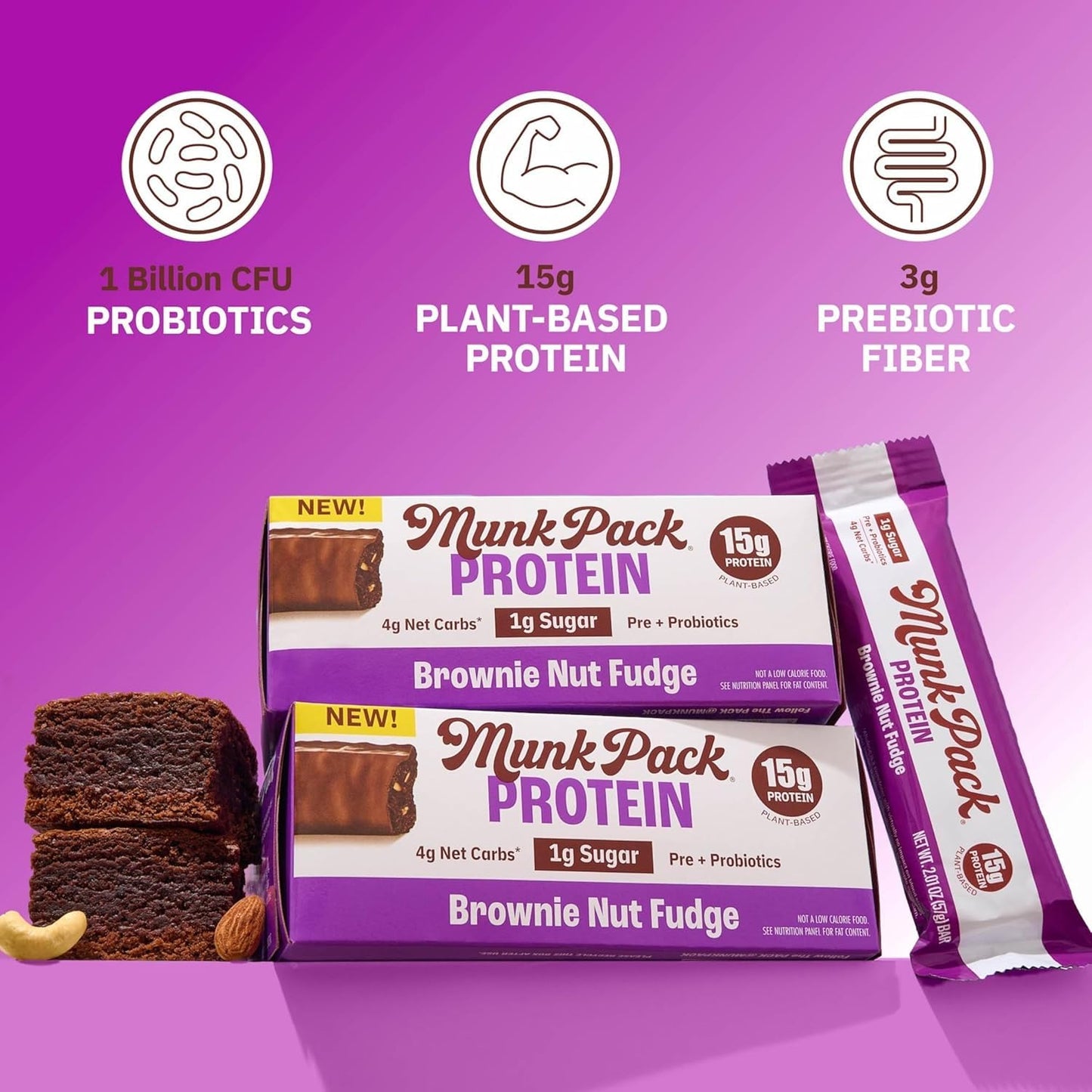 Munk Pack Probiotic Protein Bars - Keto-Friendly, 15g Plant Protein, 1g Sugar, Vegan, Gluten-Free, 5 Count