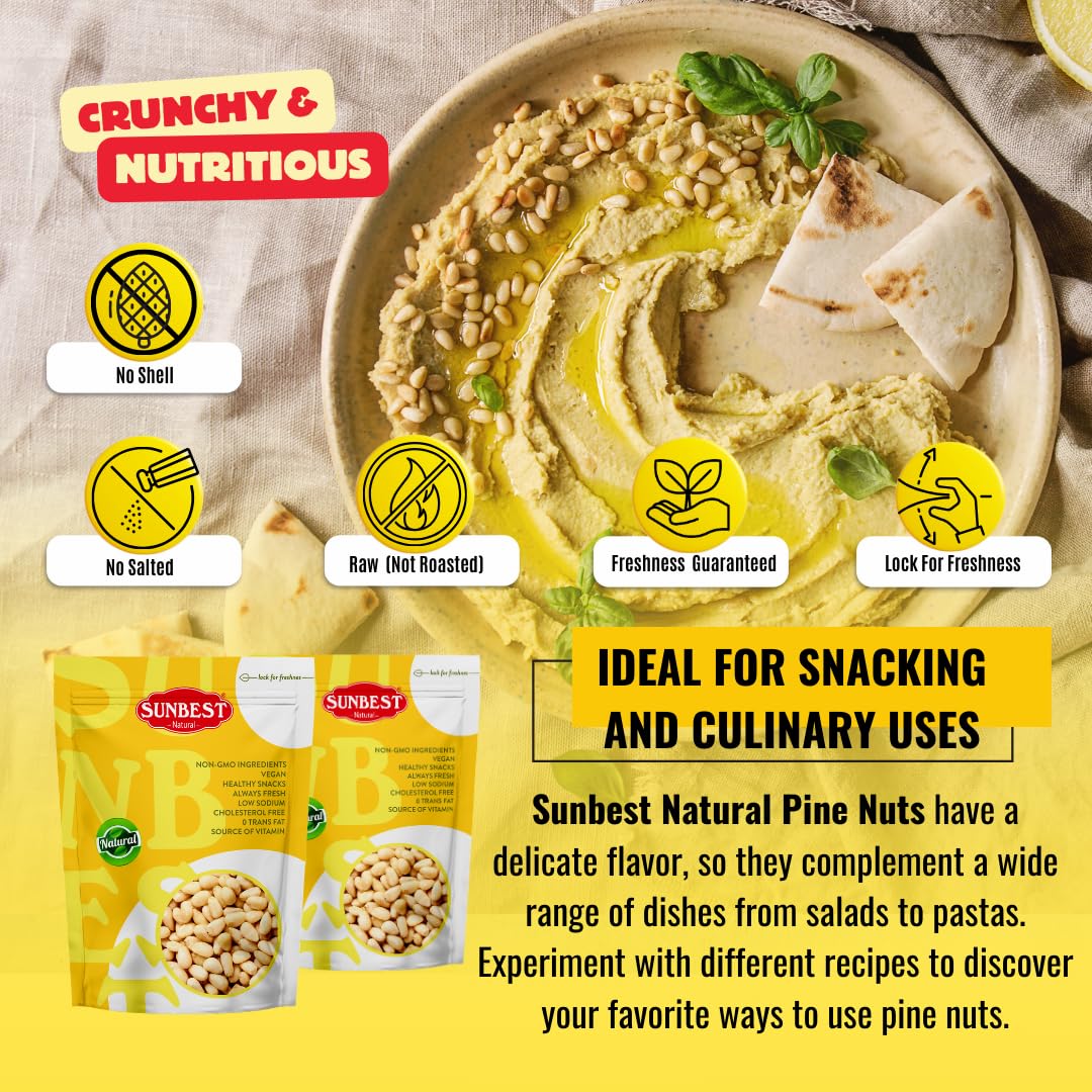 Sunbest Natural Pine Nuts Pignolia 32 Oz (2 Lbs) 1 Pack – Unsalted, Raw, Crunchy, Fresh & Delicious, Kosher Certified - Ideal For Snacking, Topping & Baking - Non-Gmo, Gluten Free