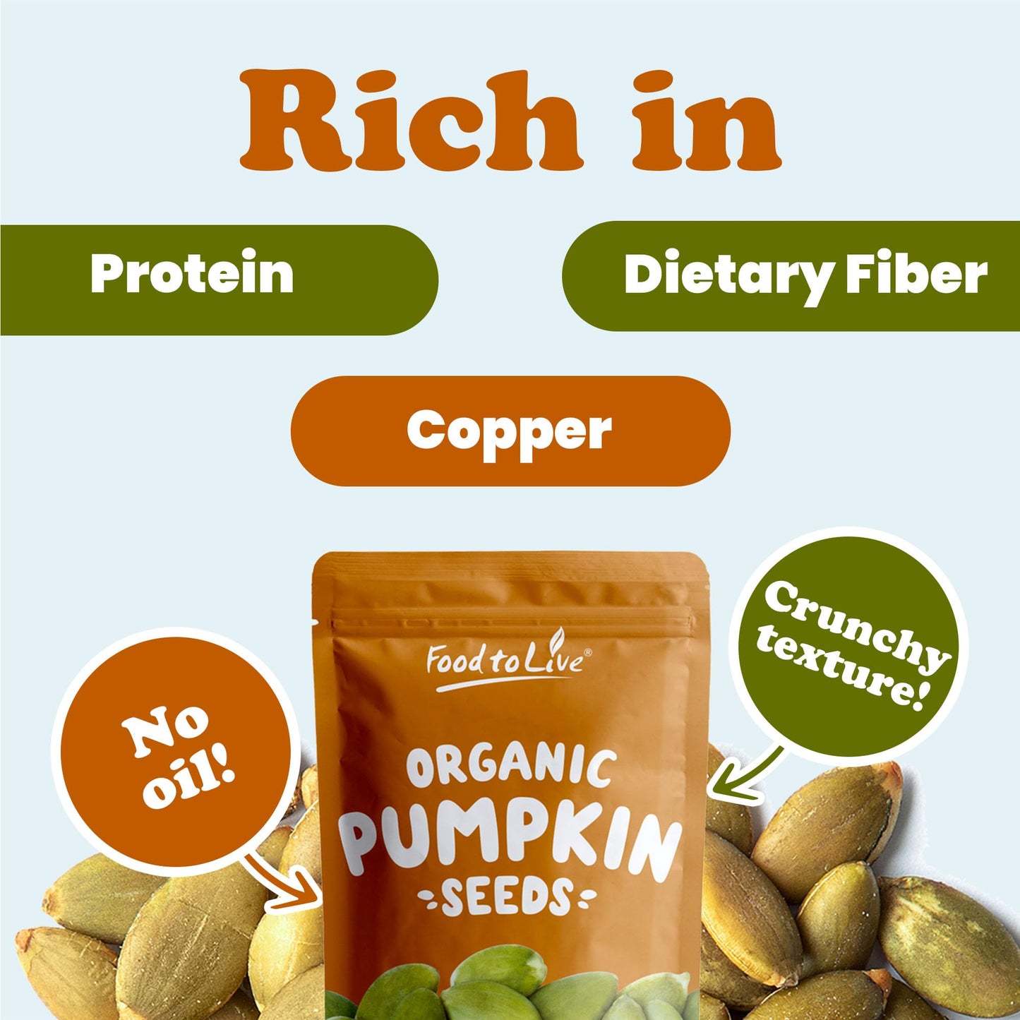 Food to Live Organic Dry Roasted Pumpkin Seed Kernels with Himalayan Salt, 8 Ounces Non-GMO, Oven Roasted Whole Pepitas, No Oil