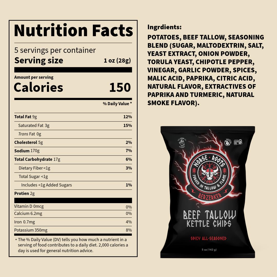 Norse Roots Beef Tallow Kettle Chips Variety Pack - 6 Flavors (Sea Salt  Honey BBQ  Rosemary Steak  Cheddar & Sour Cream  Spicy All Seasoned  Salt & Pepper) - Seed Oil Free  Gluten Free  6 Pack  5 oz Bags
