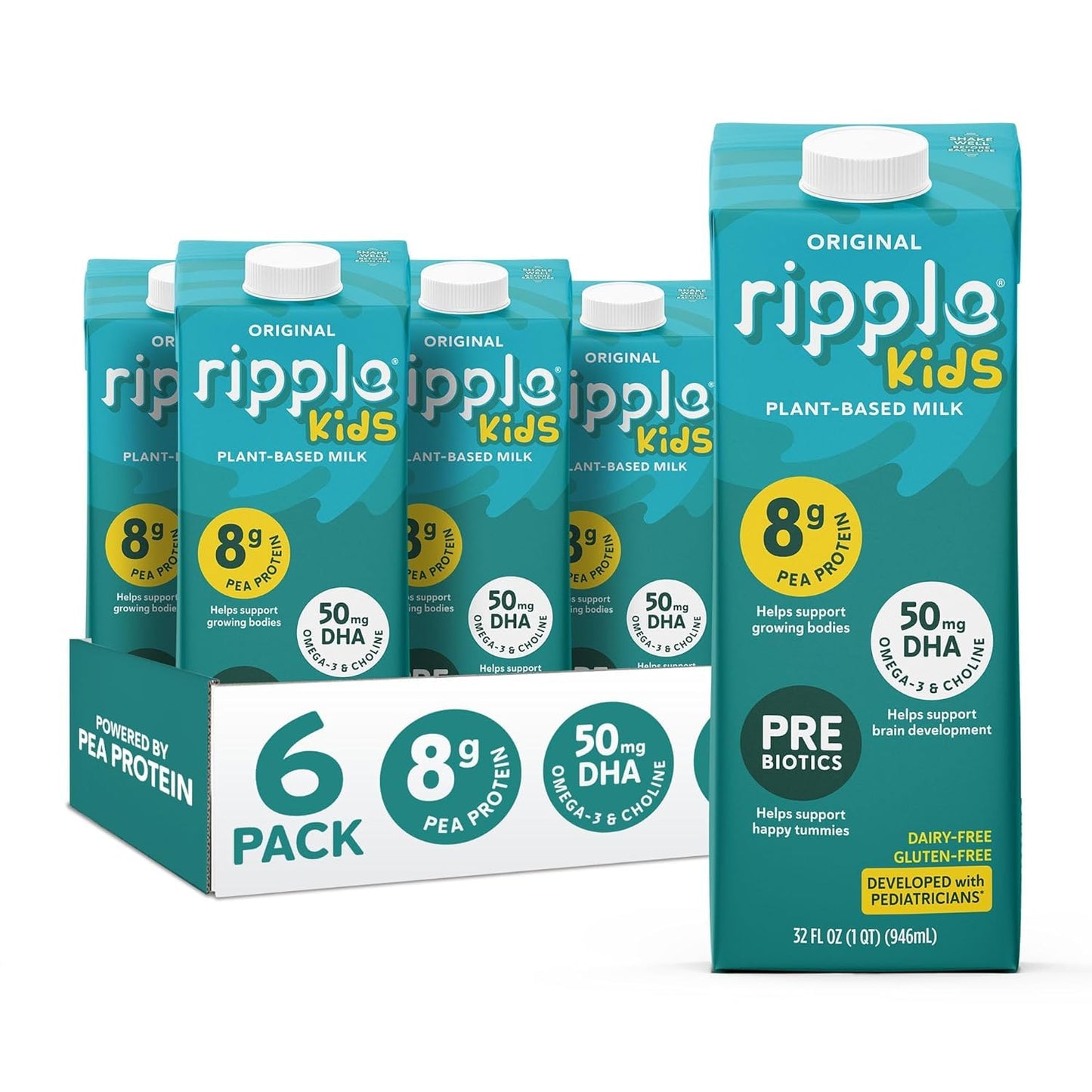 Ripple 32 oz Plant Based Milk 8g of Quality Sourced Pea Protein, Calcium Rich | Shelf Stable | Vegan & Non GMO Certified | Dairy