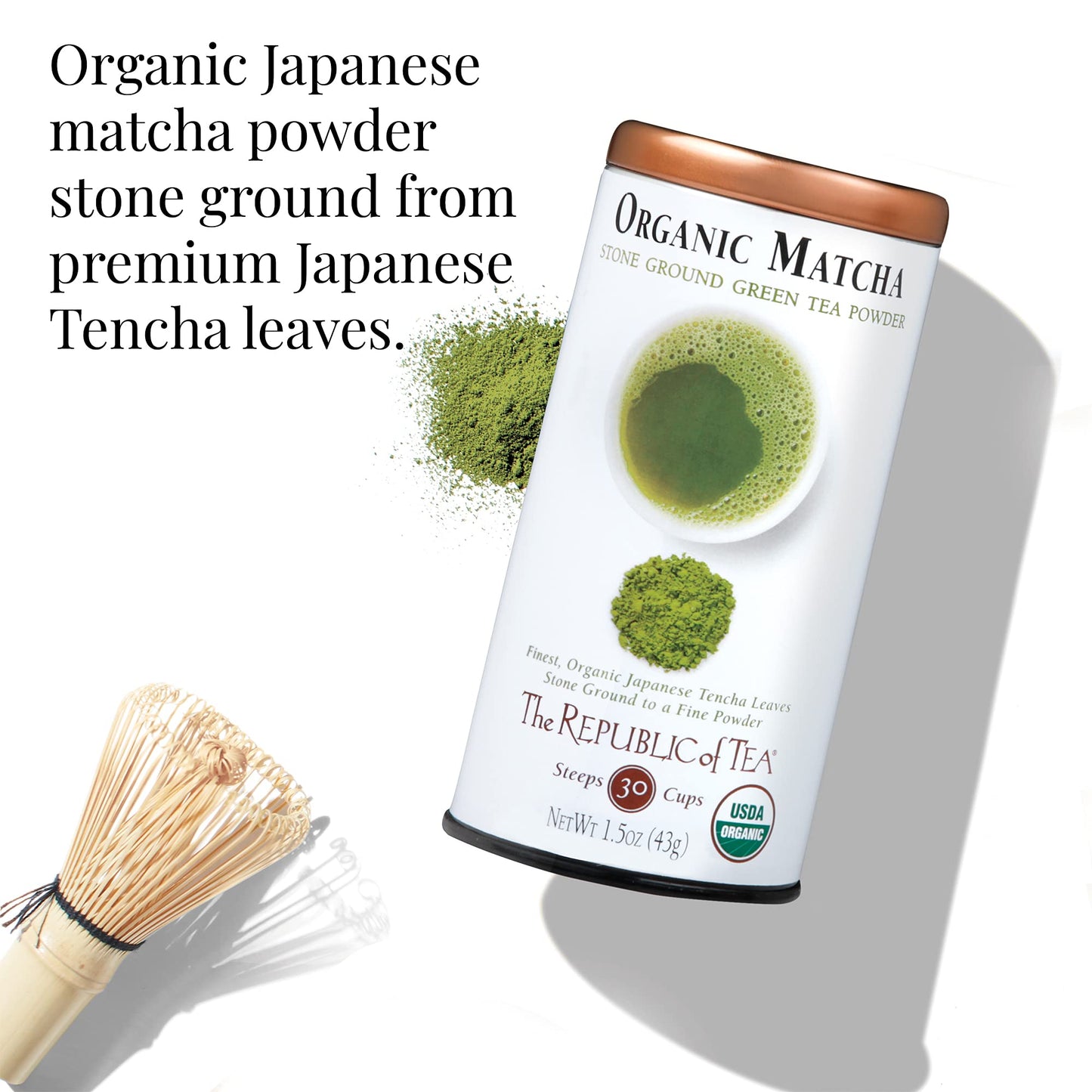 The Republic Of Tea Organic Full-Leaf Japanese Matcha Green Tea Powder, 1.5 Oz Tin  Steeps 30 Cups
