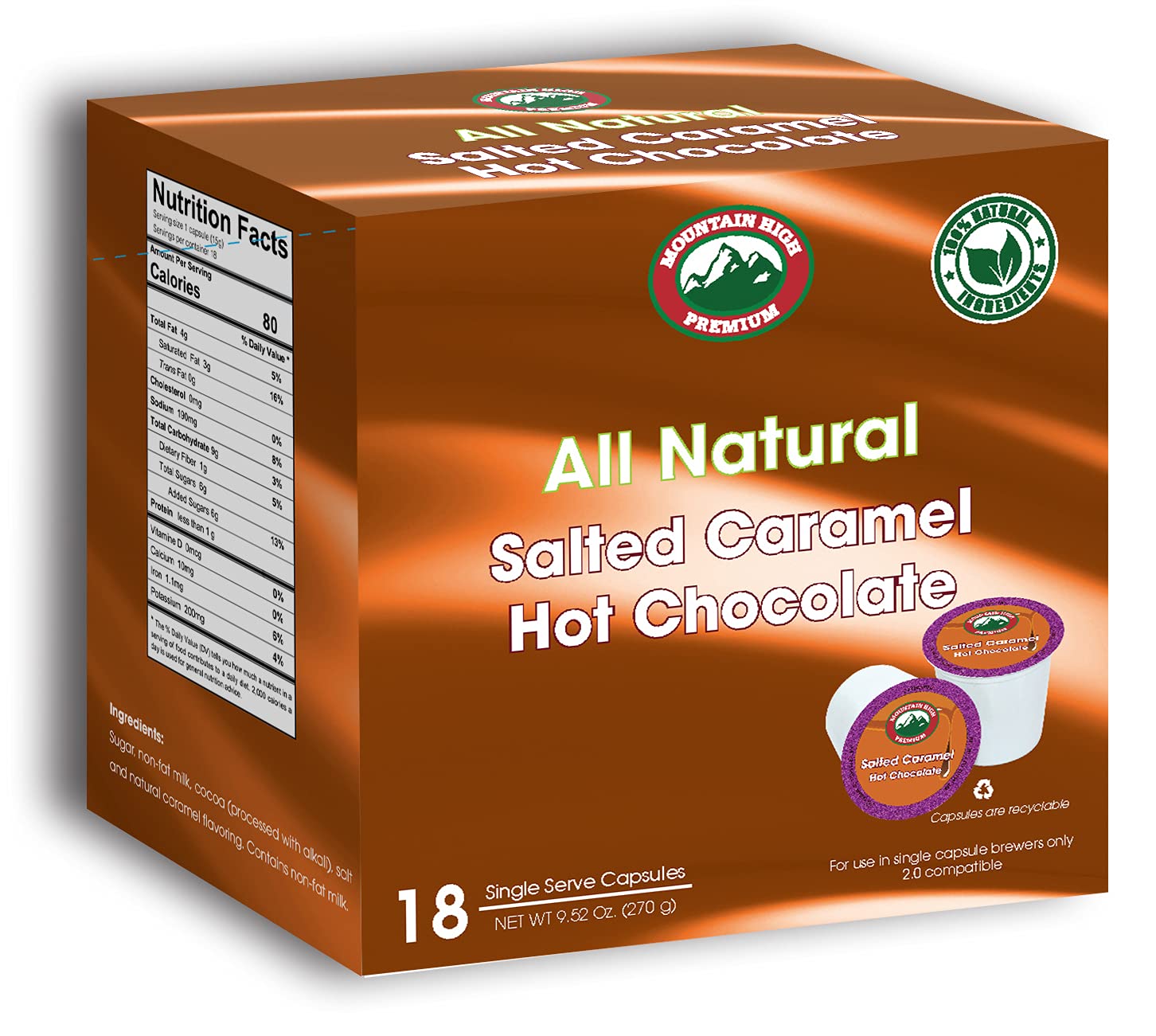 Mountain High All Natural Hot Chocolate - 2.0 Compatible Single Serve Cups (Salted Caramel, 72)
