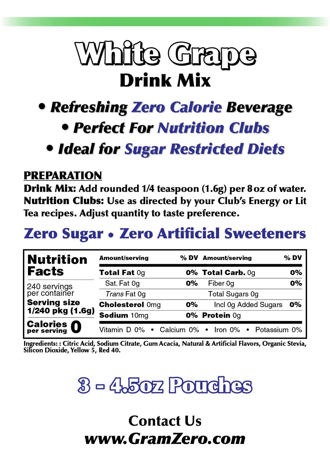 Gramzero White Grape Zero Calorie Sugar Free Drink Mix, Great For Nutrition Club Loaded Teas, Stevia Sweetened