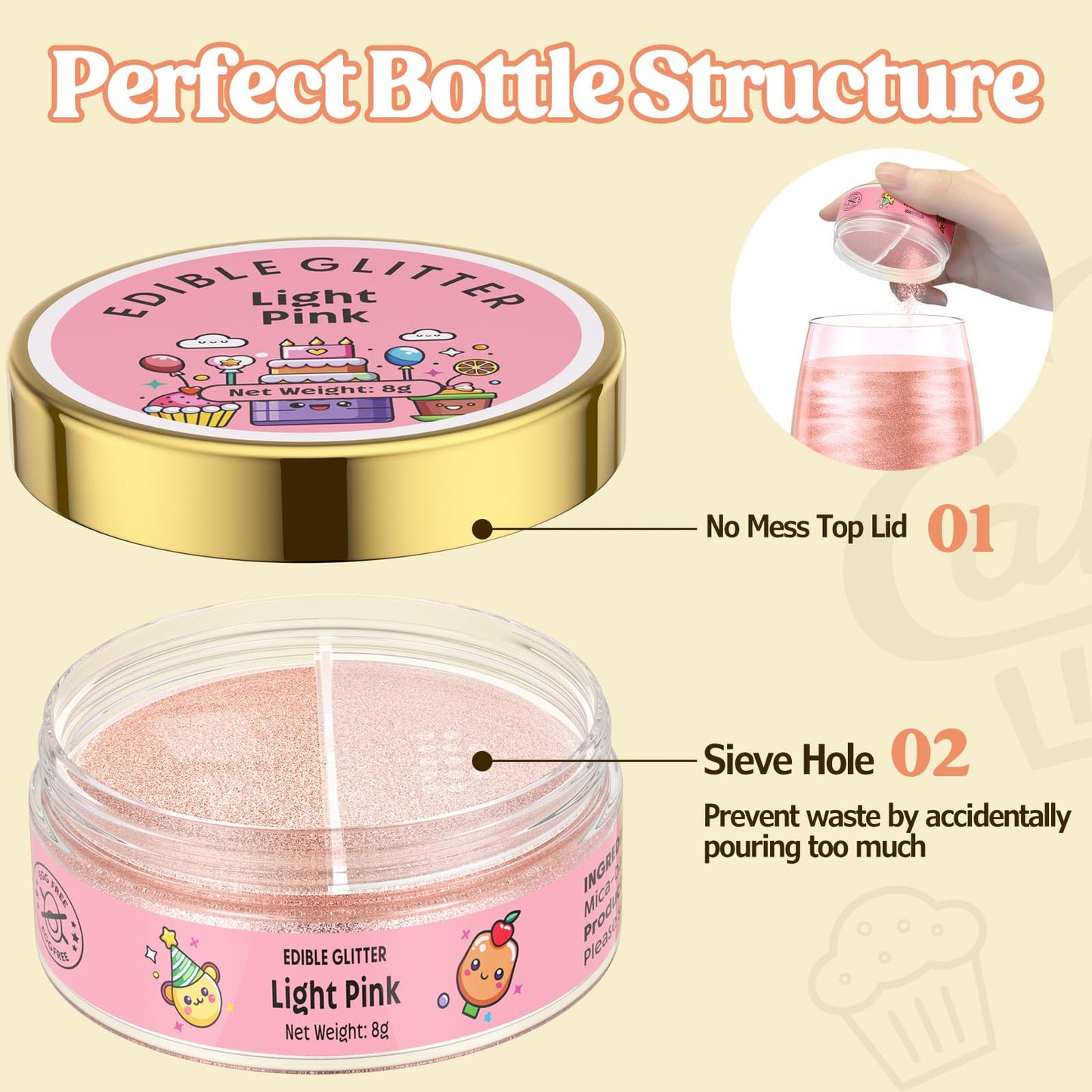 Nomeca Edible Glitter for Drinks & Cakes, Food Grade Luster Dust, 8g, Small, 4-Light Pink