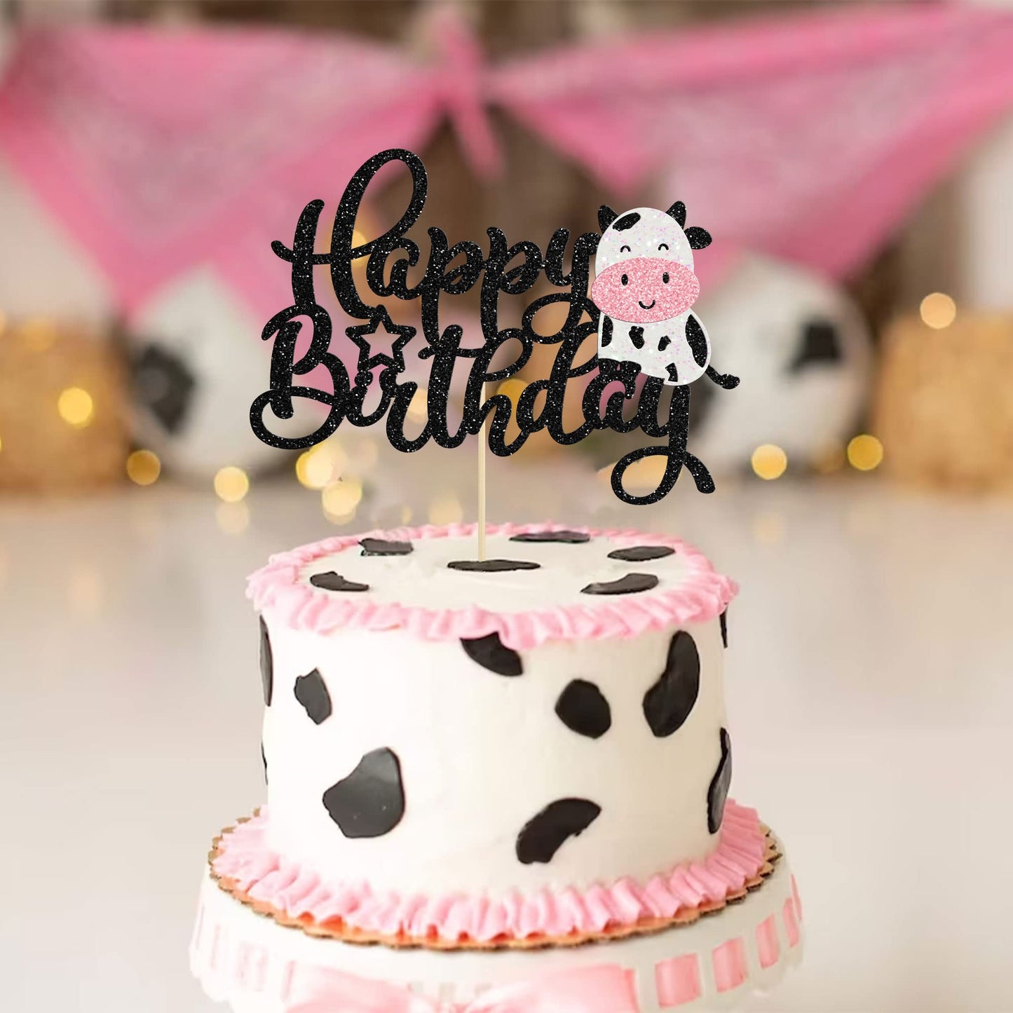 Gyufise 1Pc Cow Happy Birthday Cake Topper Glitter Farm Animals Theme Birthday Cow Cake Decoration For Cow Theme Baby Shower Kid