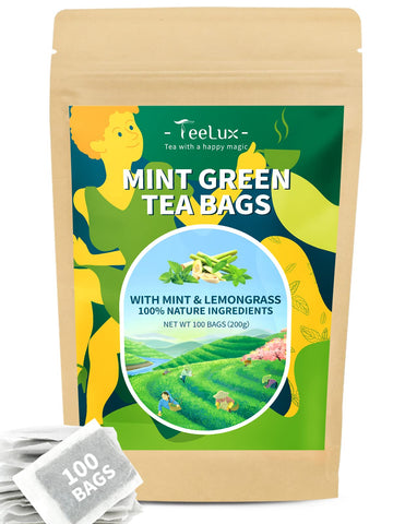 Teelux Mint Green Tea Bags, Green Tea With Peppermint, Spearmint And Lemongrass, Caffeinated, 100% Real And Natural, 100 Count