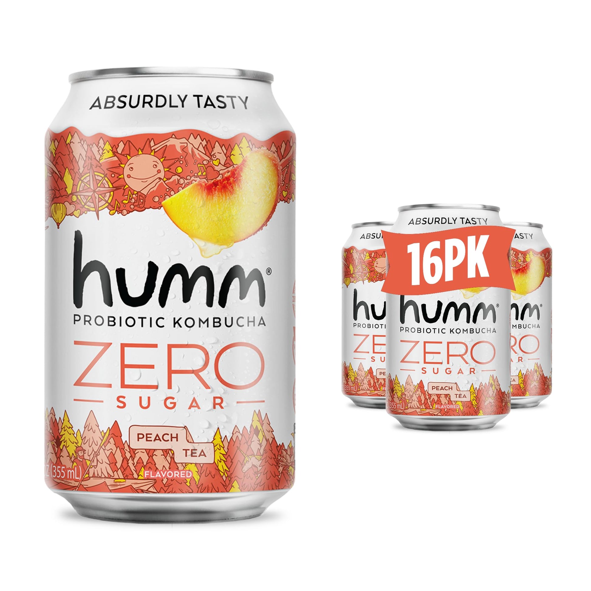Humm Probiotic Kombucha Zero Sugar Peach Tea, No Refrigeration Needed, Keto Friendly, Organic, Vegan, Gluten Free, 12oz Cans (16