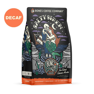 Bones Coffee Company Decaf Salty Siren Whole Coffee Beans Caramel Chocolate Flavor, Low Acid Flavored Coffee, Made With Arabica Coffee Beans, Medium Roast Gourmet Coffee (12 Oz)