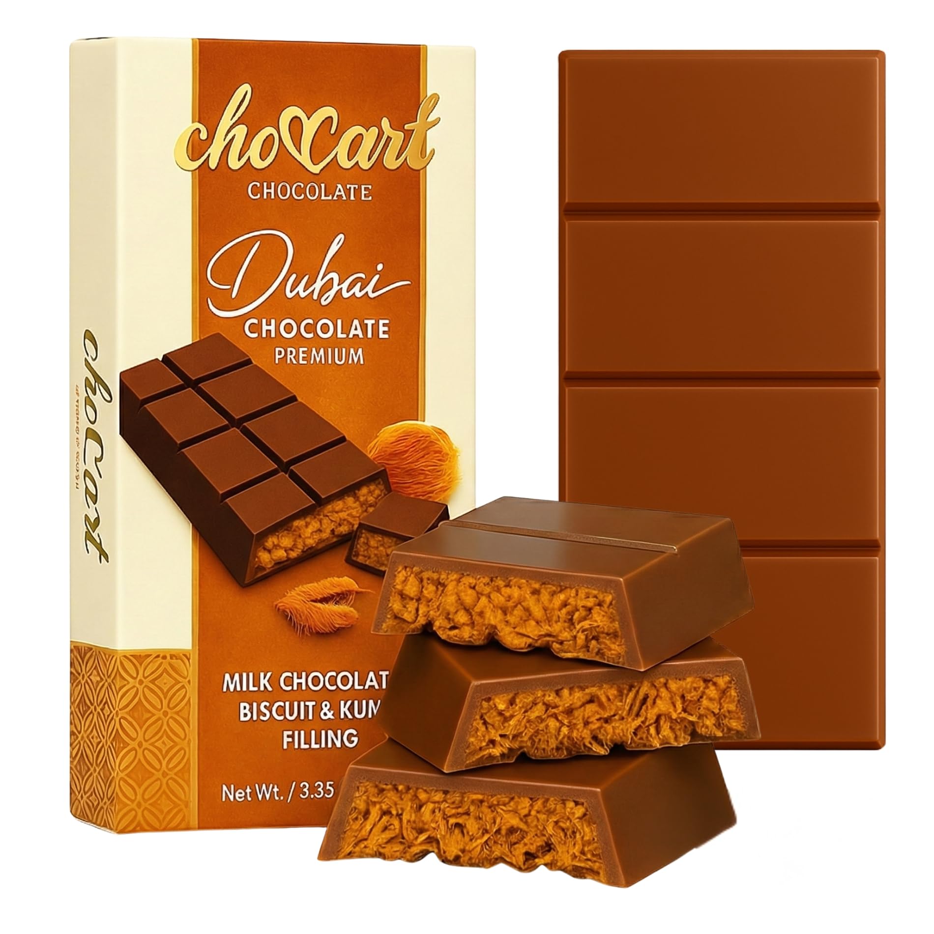 Choccart Dubai Chocolate - Top-Grade With Kunafa & Pistachio Filling - Viral Knafeh Chocolate Dessert Bar In Stylish Gift Box  Rich Milk (95G / 3.35 Oz) - Made In Dubai (1 Pack  Biscuit)