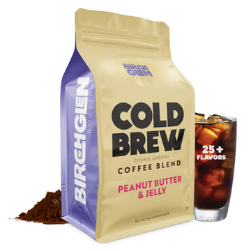 1 Lb Peanut Butter & Jelly Sandwich Flavored Cold Brew Coffee Blend, Coarse Ground Colombian - Birch Glen Roasters - 16 Oz Resea