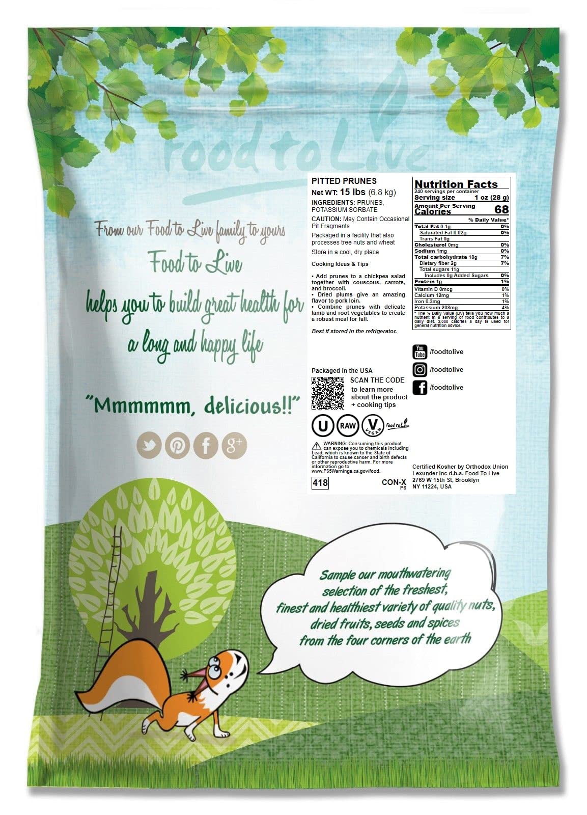 Food To Live Pitted Prunes, 15 Pounds - Whole Dried Plums, Unsulfured, Unsweetened, Non-Infused, Non-Irradiated, Kosher, Vegan,