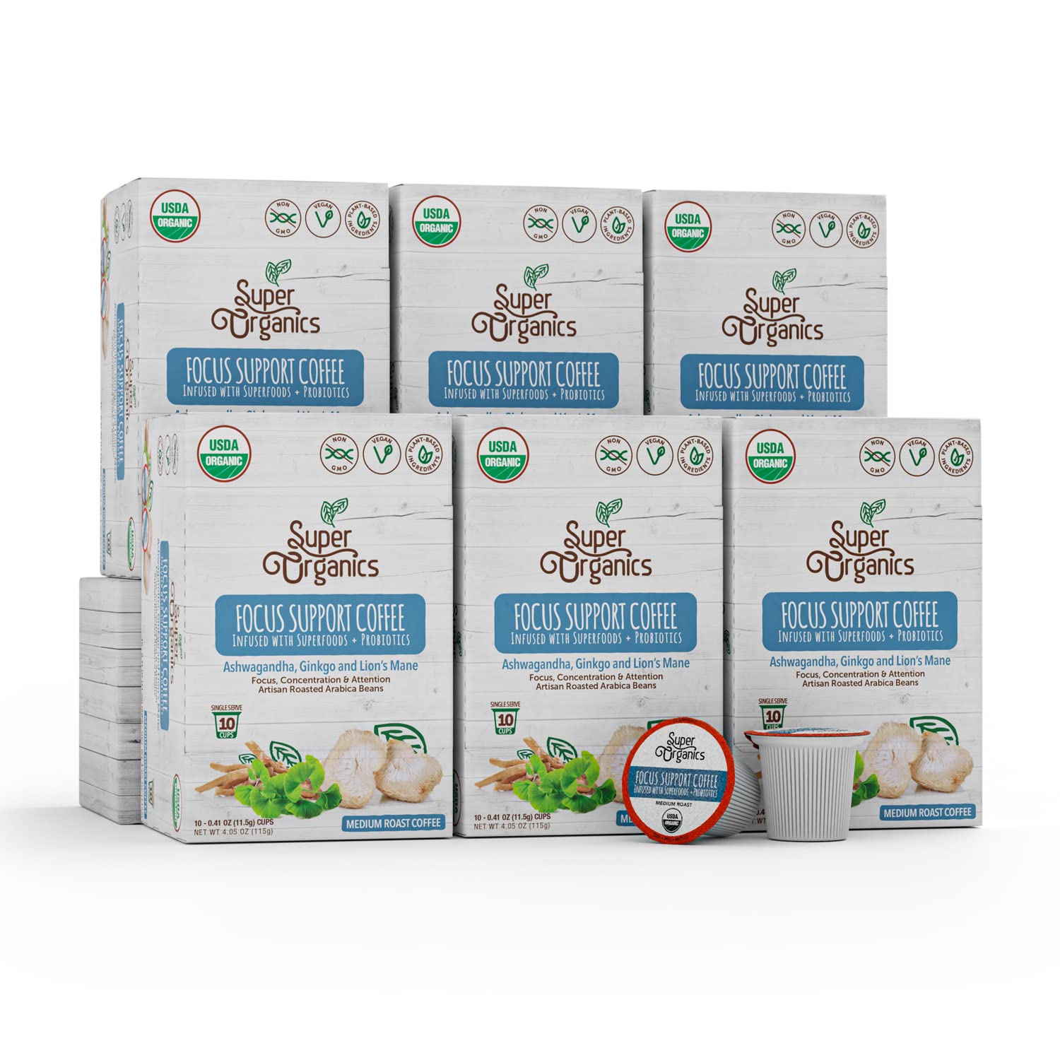 Super Organics Focus Support Coffee Brew Cups, Medium Roast, 60ct, Keurig K-Cup Compatible, USDA Certified, Vegan, Non-GMO