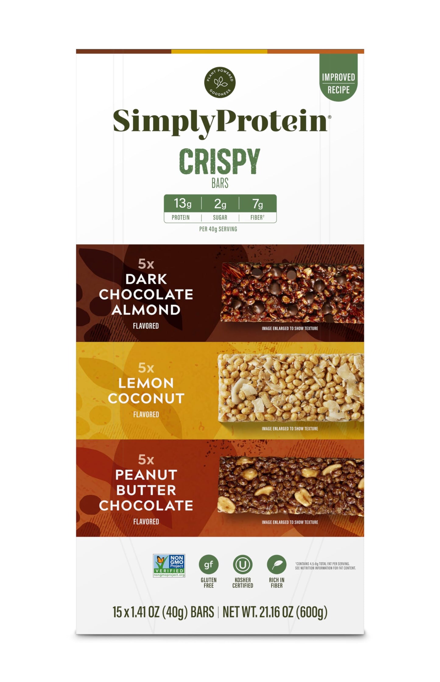 Simply Protein - Crispy Bars Variety Pack  3 Flavors - Plant Based Protein Bars  Protein Snacks - 13g Protein  2g Sugar  7g Fiber - Vegan  Gluten Free  Non GMO  Kosher - 15 Bars  1 Box
