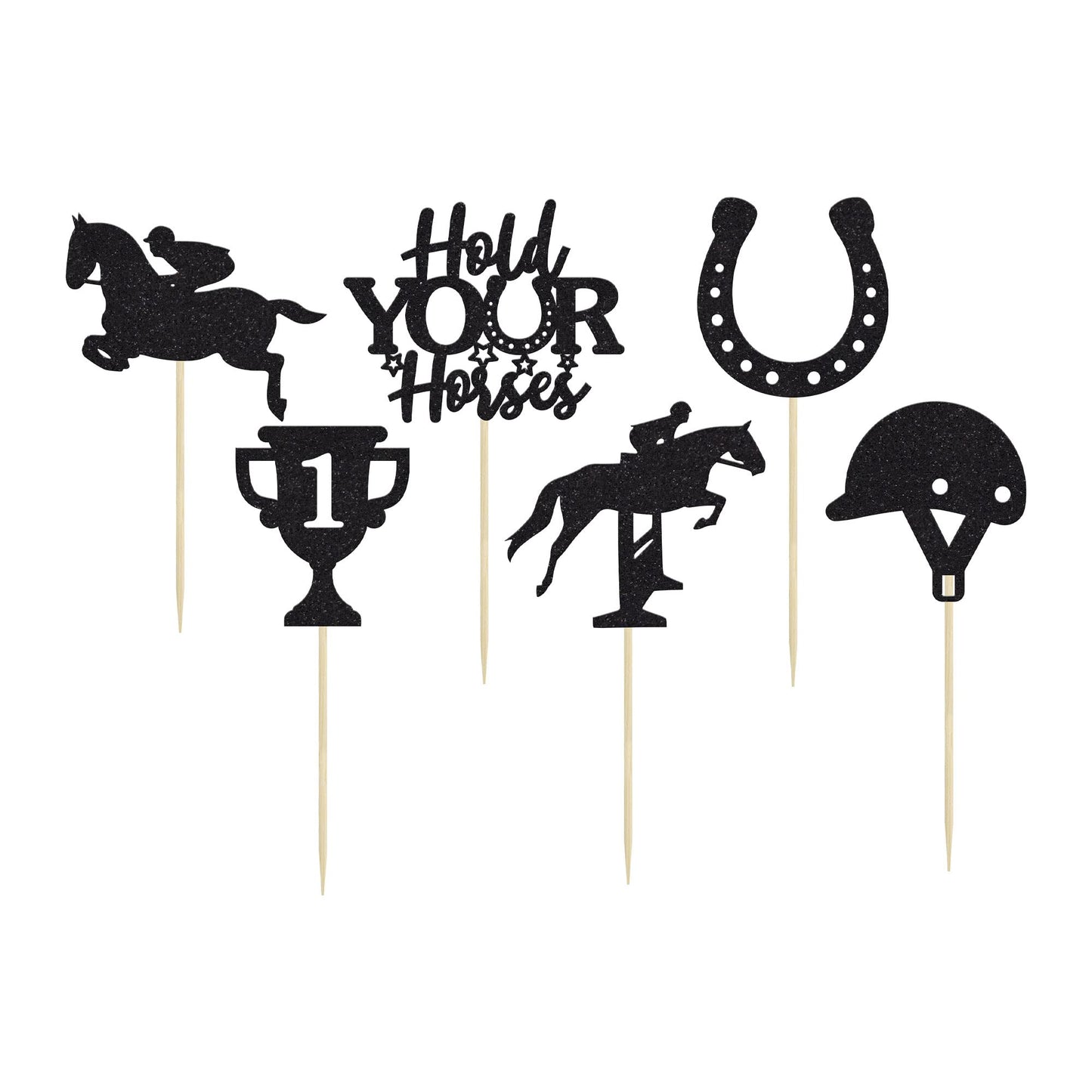 Gyufise 24Pcs Kentucky Derby Cupcake Toppers Black Glitter Equestrian Horse Cake Decorations Horse Cupcake Picks For Sports Eque