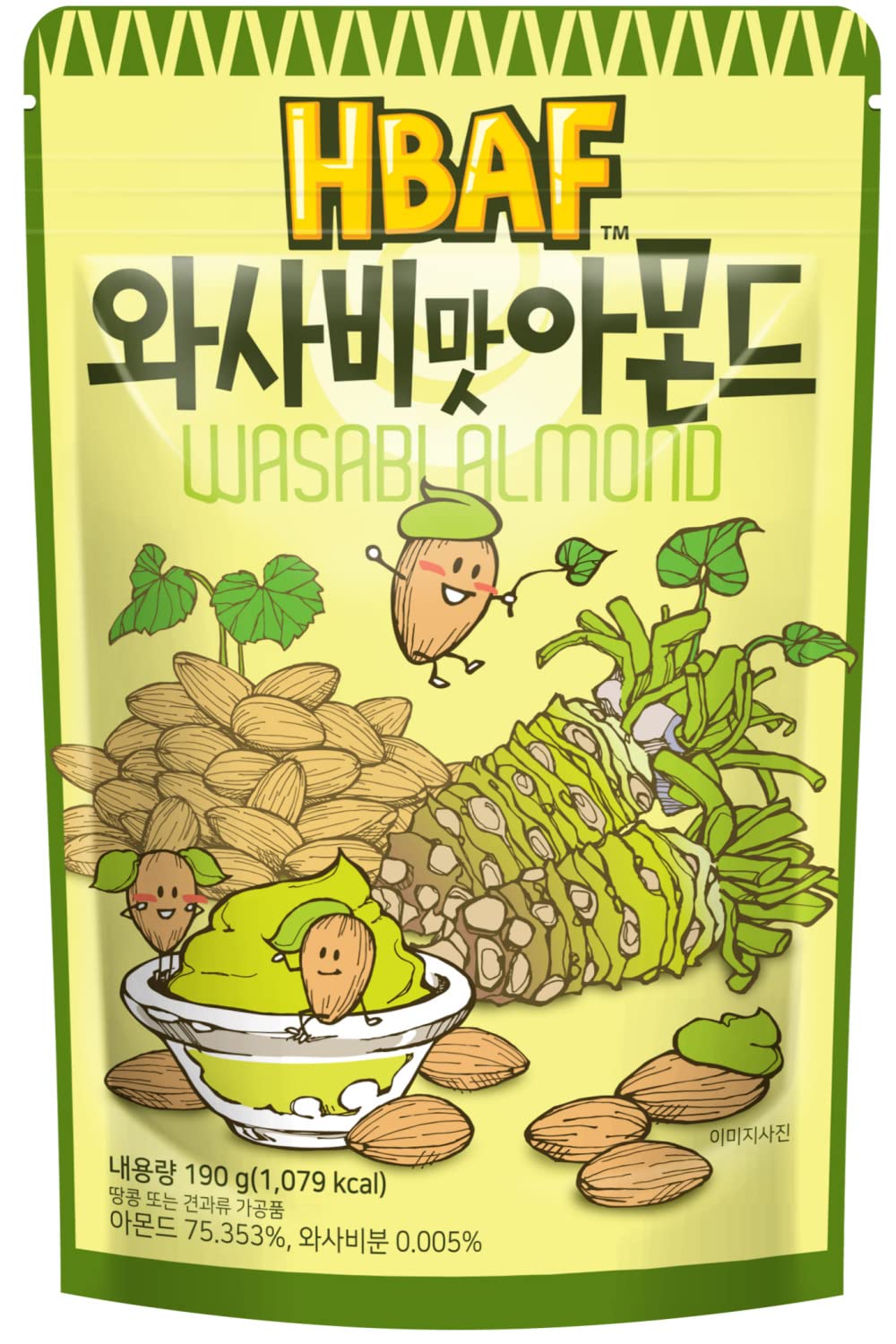 HBAF Korean Seasoned Almonds, Wasabi Flavor, 210g (7.4 oz) Pack