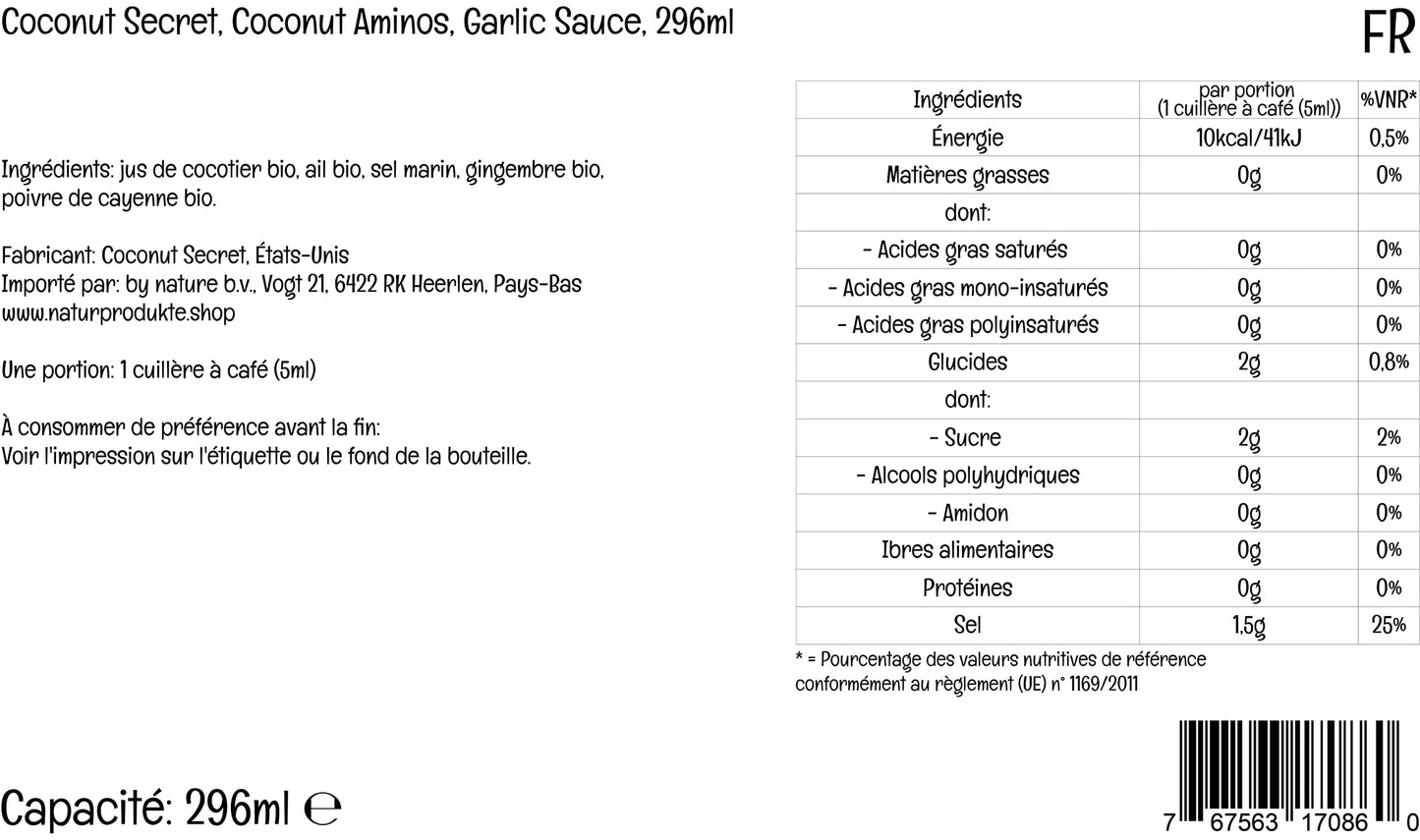 COCONUT SECRET Aminos Garlic Sauce, Low Sodium Soy & Glycemic, Gluten Free, Organic, Vegan, Non-GMO - 60 Total Servings, 10 Fl O