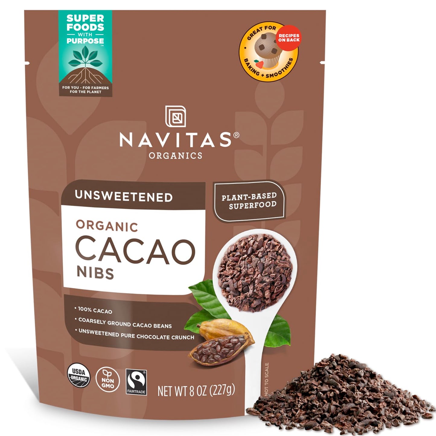Navitas Organics Cacao Nibs, 8 Oz. Bag, 76 Servings — Organic, Non-Gmo, Fair Trade, Gluten-Free