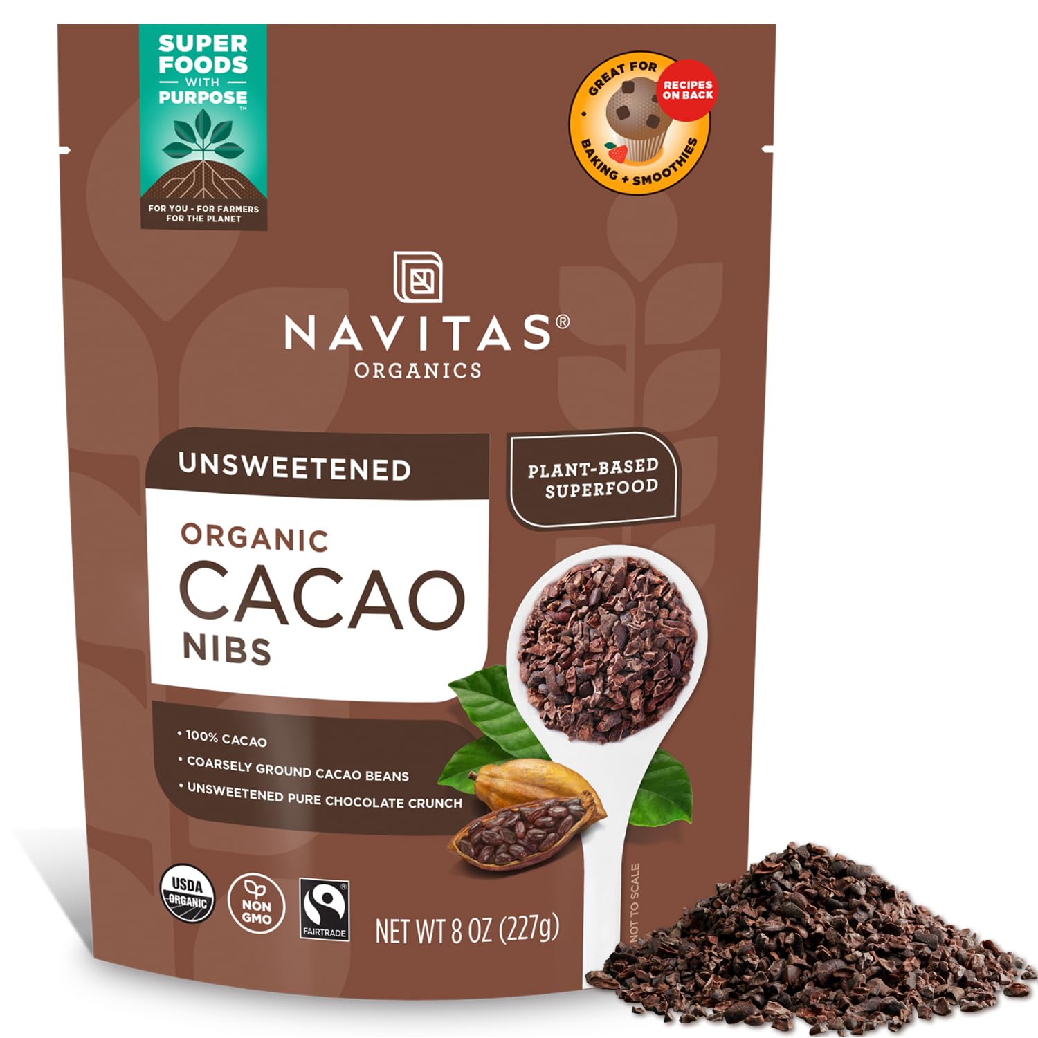Navitas Organics Cacao Nibs, 8 Oz. Bag, 76 Servings — Organic, Non-Gmo, Fair Trade, Gluten-Free